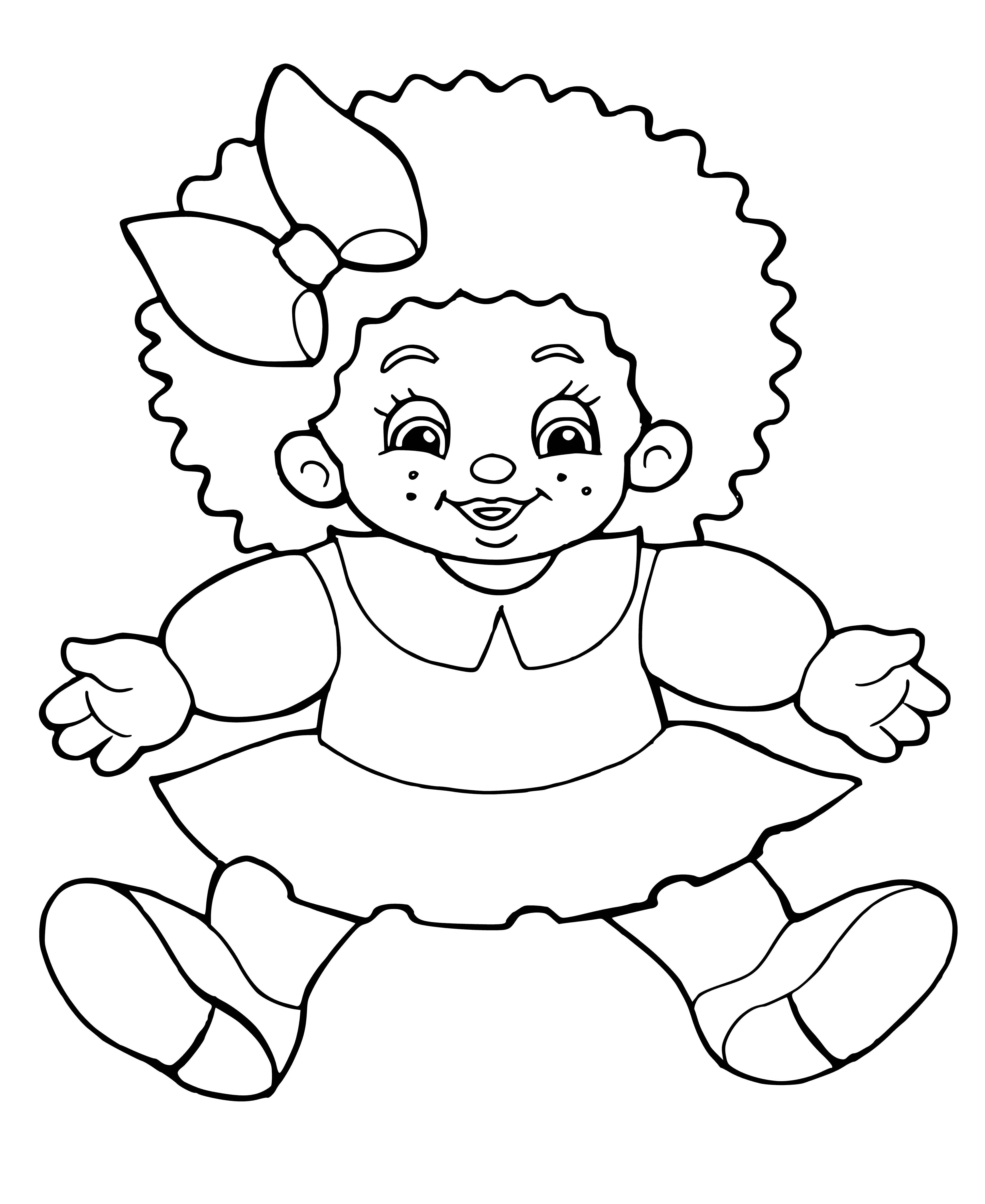 coloring page: Woman holds baby doll with soft cloth body, vinyl head, closed eyes, open mouth wearing white dress w/ pink ribbon. #BabyDoll