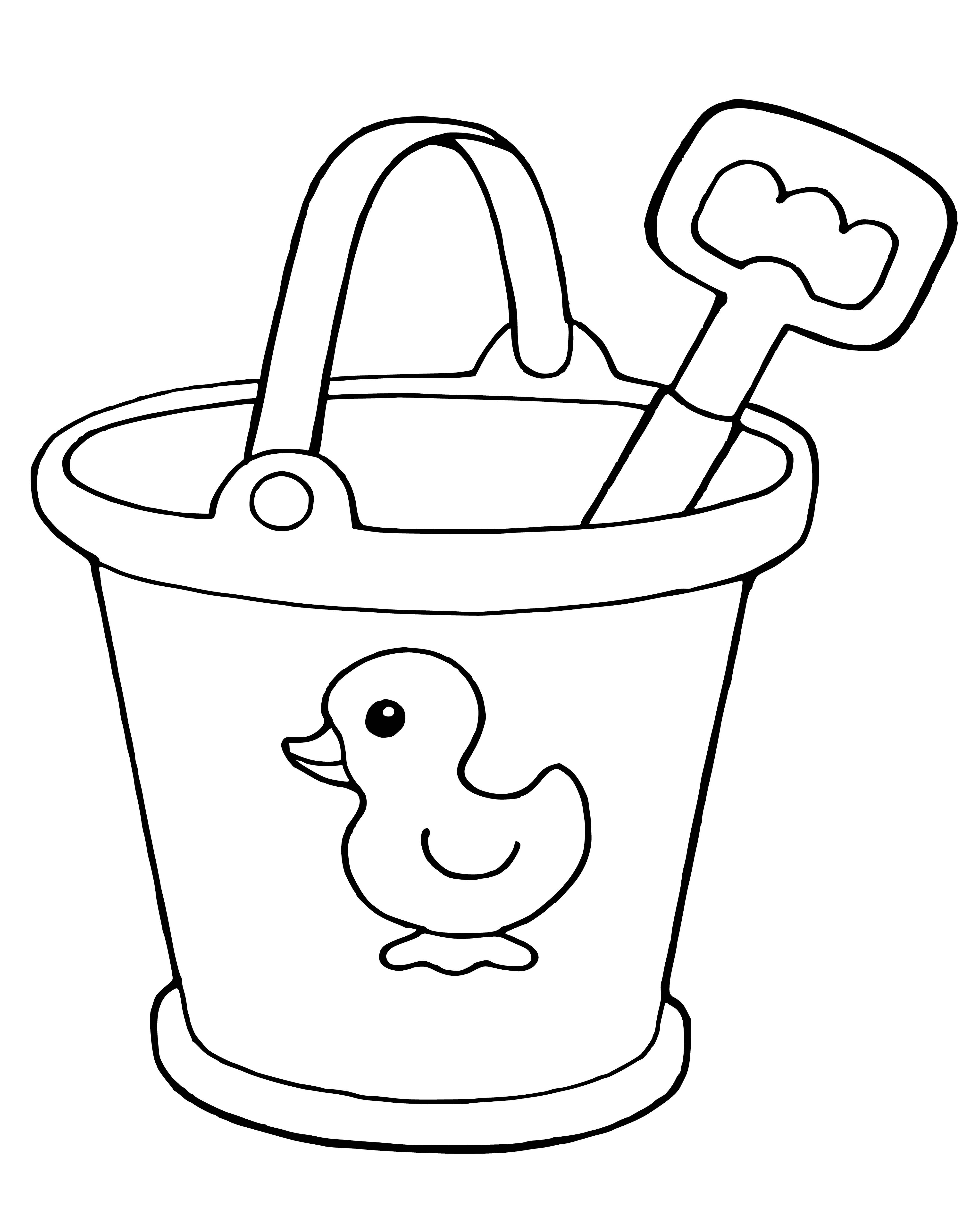 coloring page: 4 toys in a sandbox - blue bucket w/ sand, red shovel, yellow rake, purple bucket w/ handle. Purple next to yellow, red & blue together.