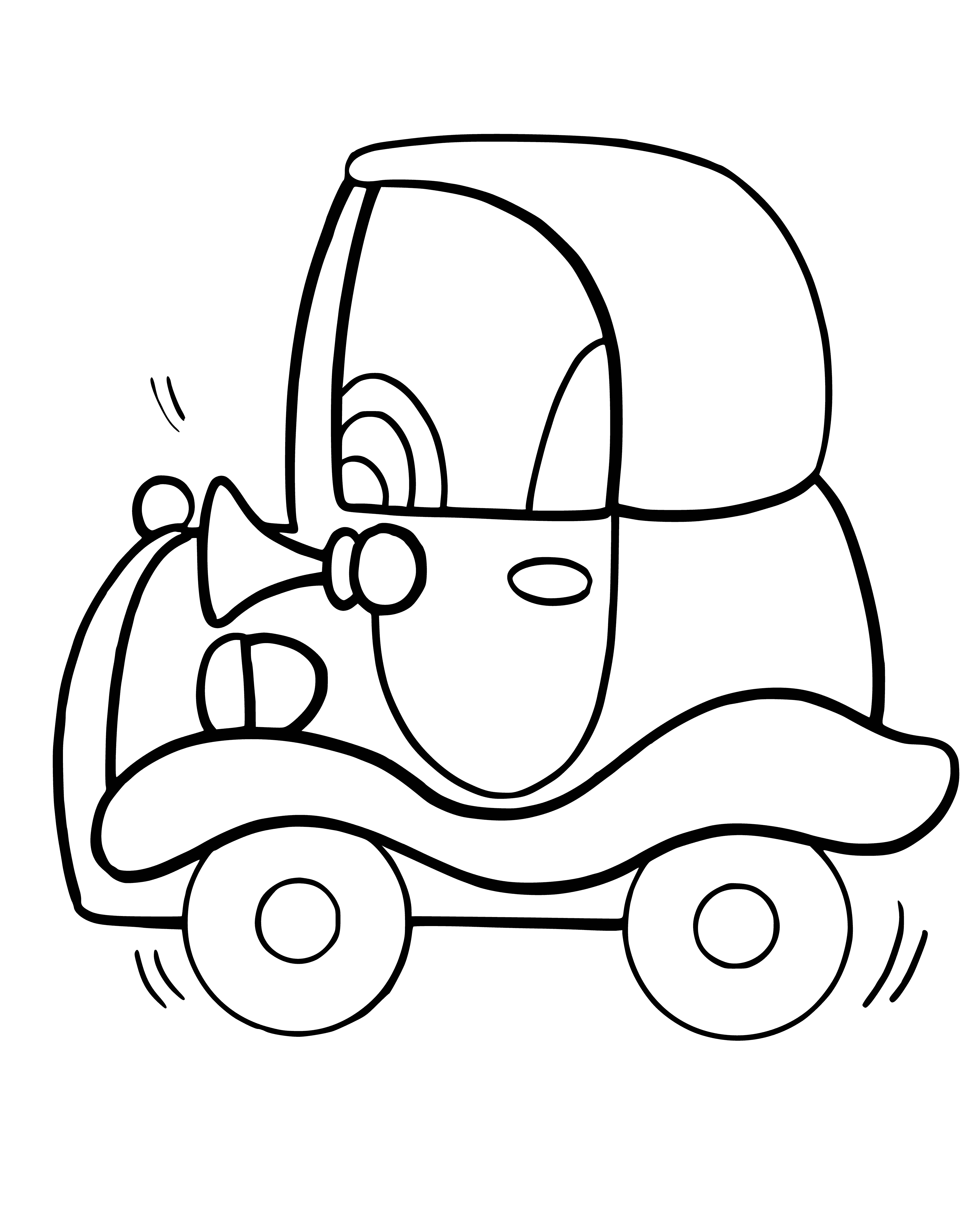 coloring page: Toy car w/ black top on driveway. Four wheels, steering wheel & white line down middle.