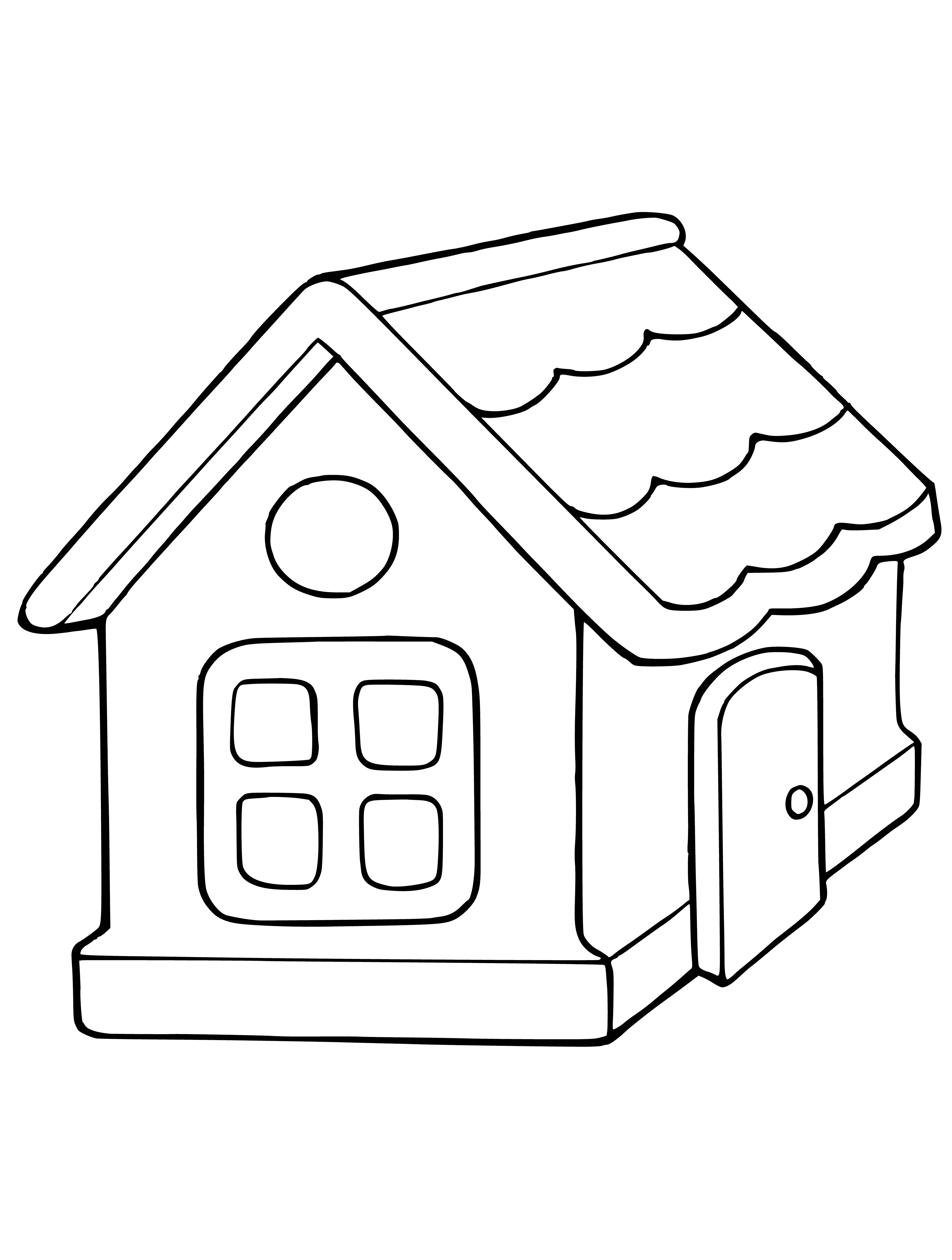coloring page: A blue toy house with a white roof, door and two windows. A green tree beside it. #toyhouse #blue #white