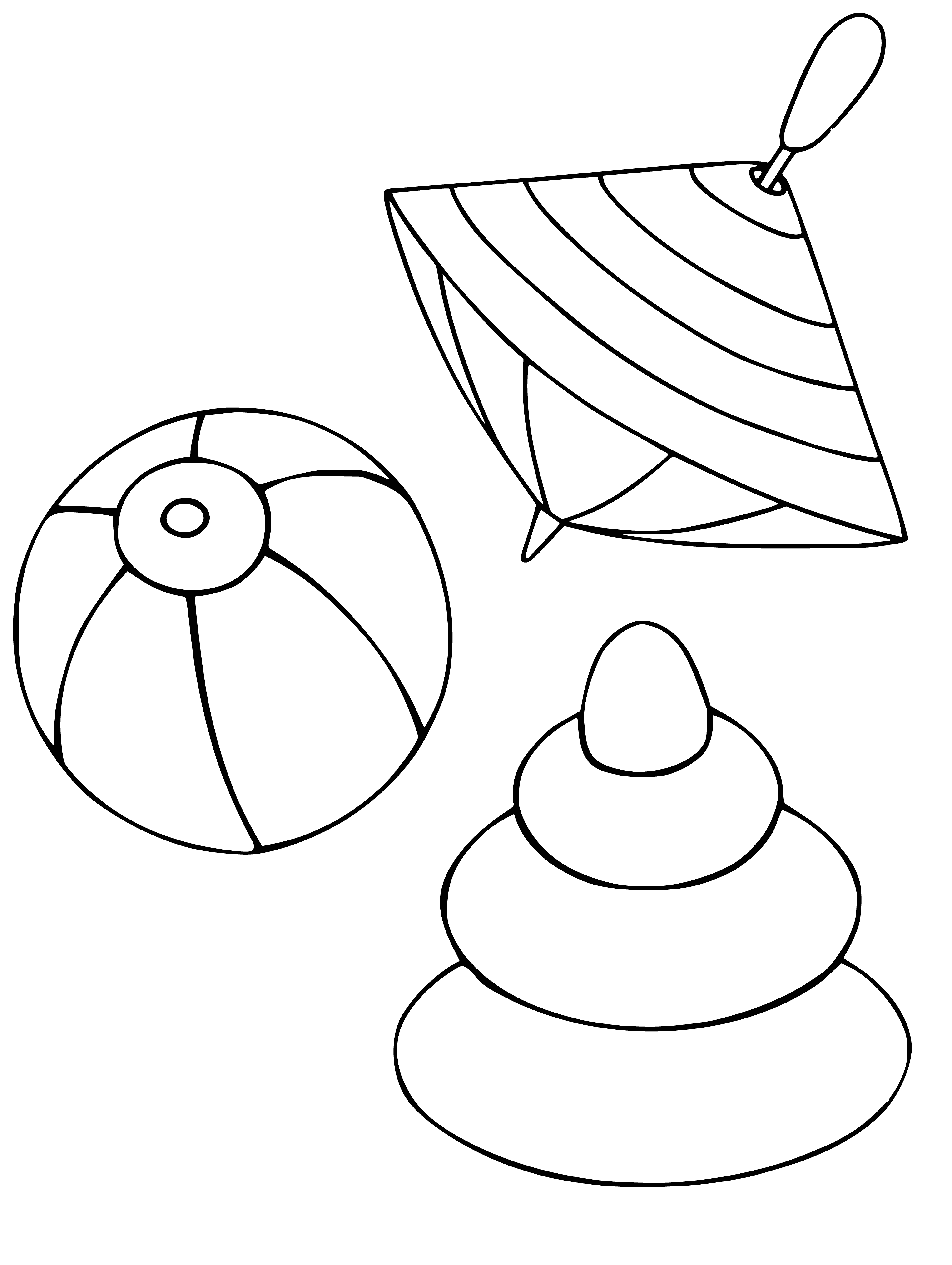 coloring page: Three things to color: a spinning top, ball, and whirligig!