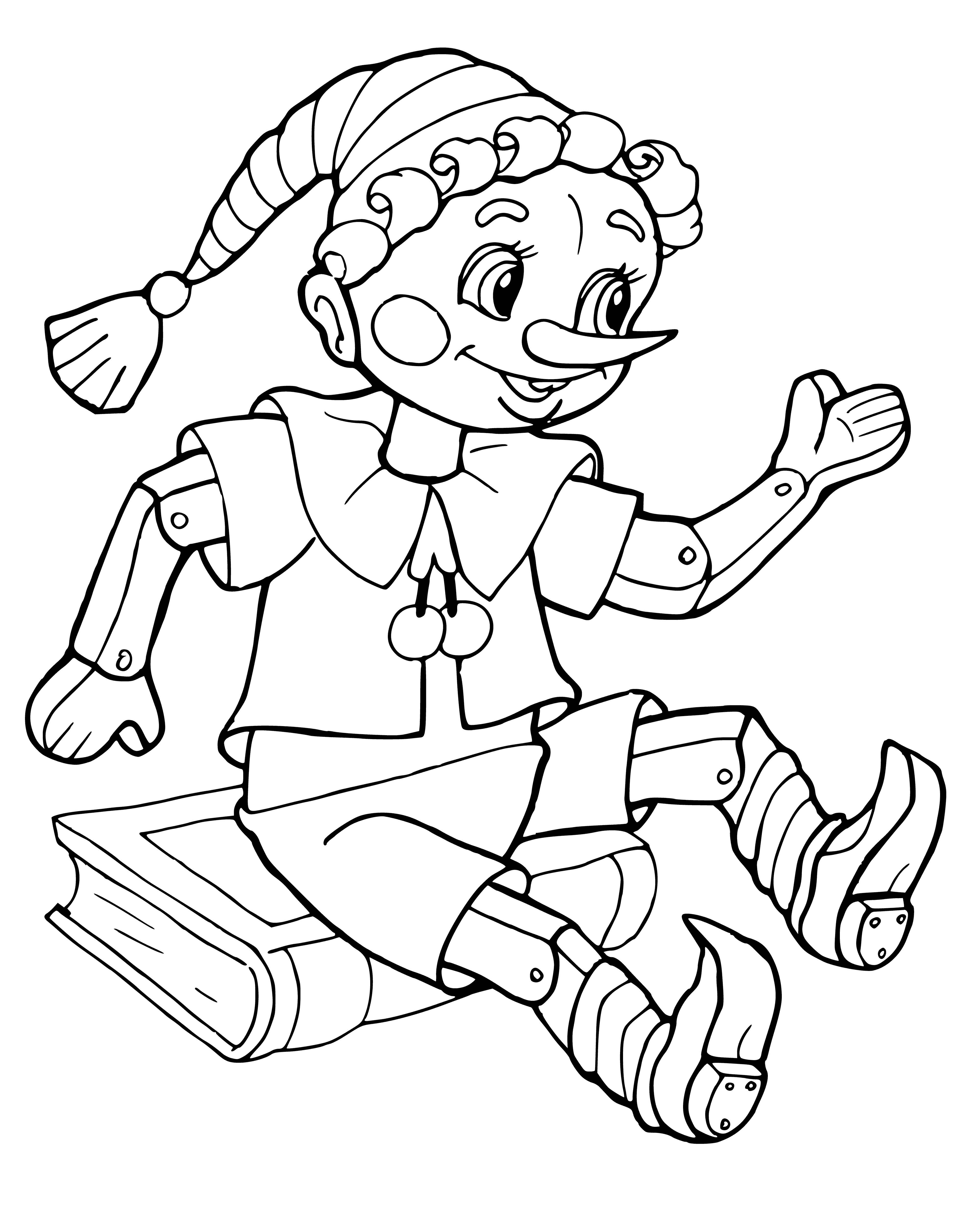 coloring page: Boy in pointy hat and long nose sits on stool, frowning and holding a long stick. #characterdesign