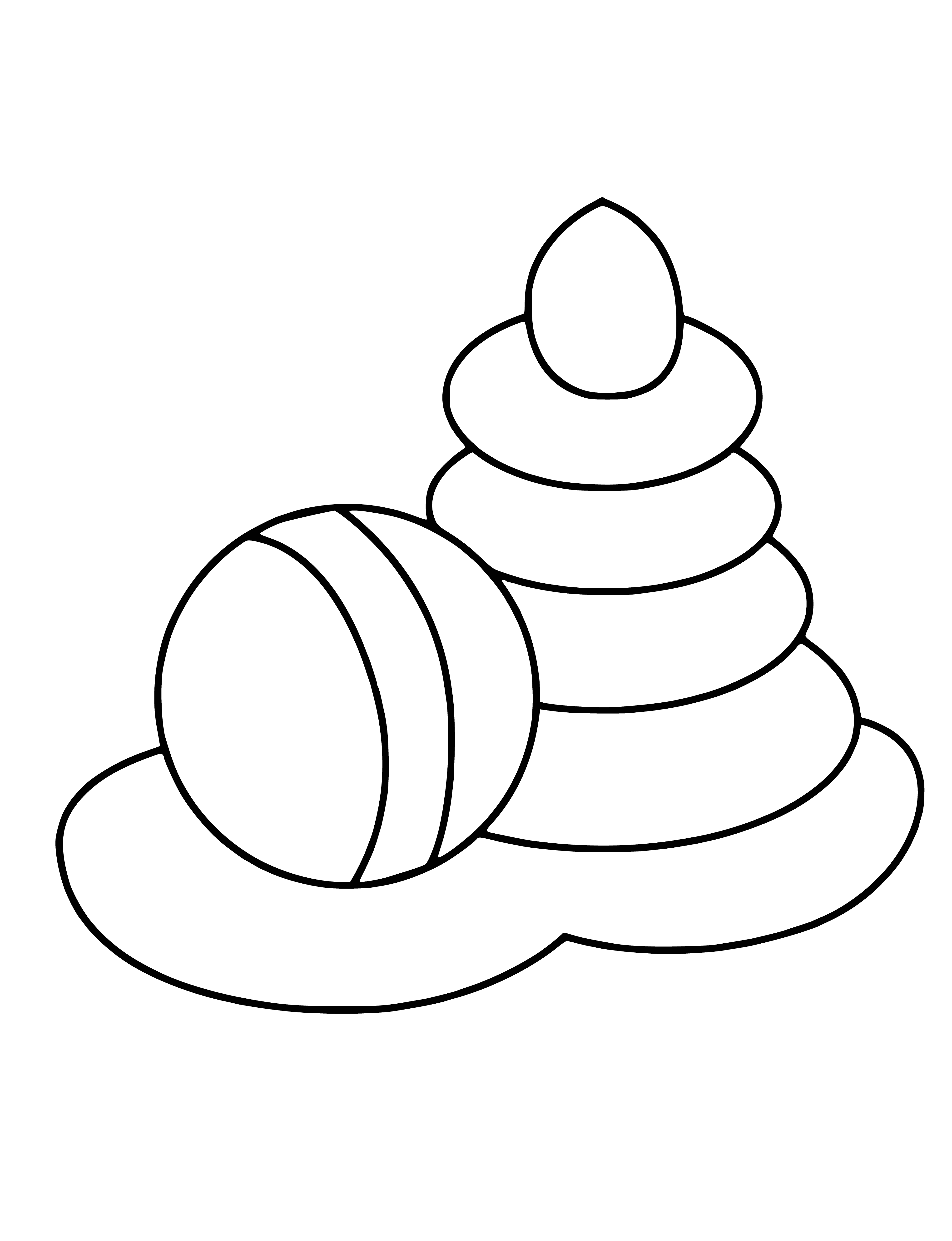 coloring page: Ball on the ground and pyramid on top, pointing up.