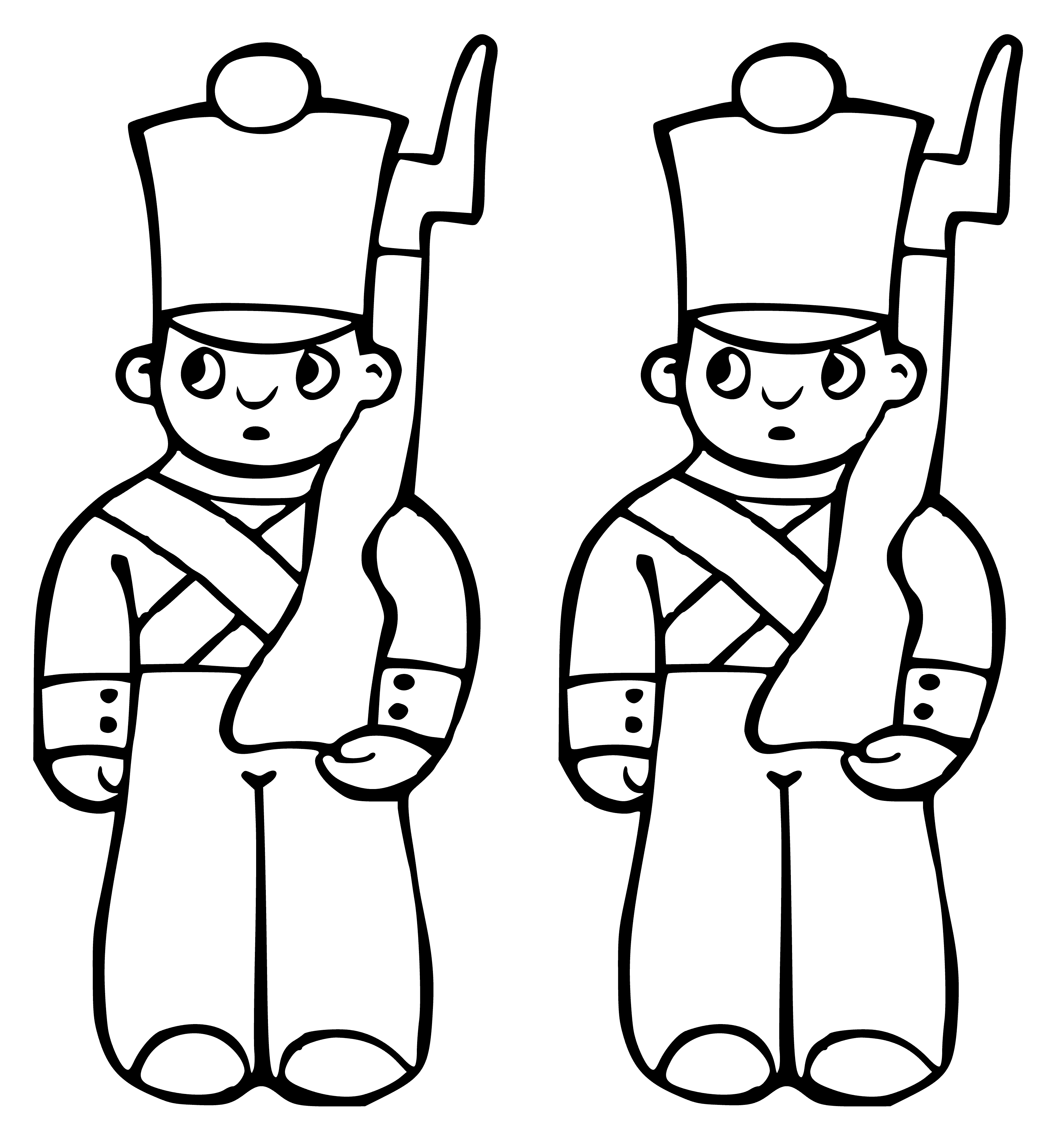 coloring page: Five plastic toy soldiers in various poses with guns, three standing, two kneeling and one lying down.
