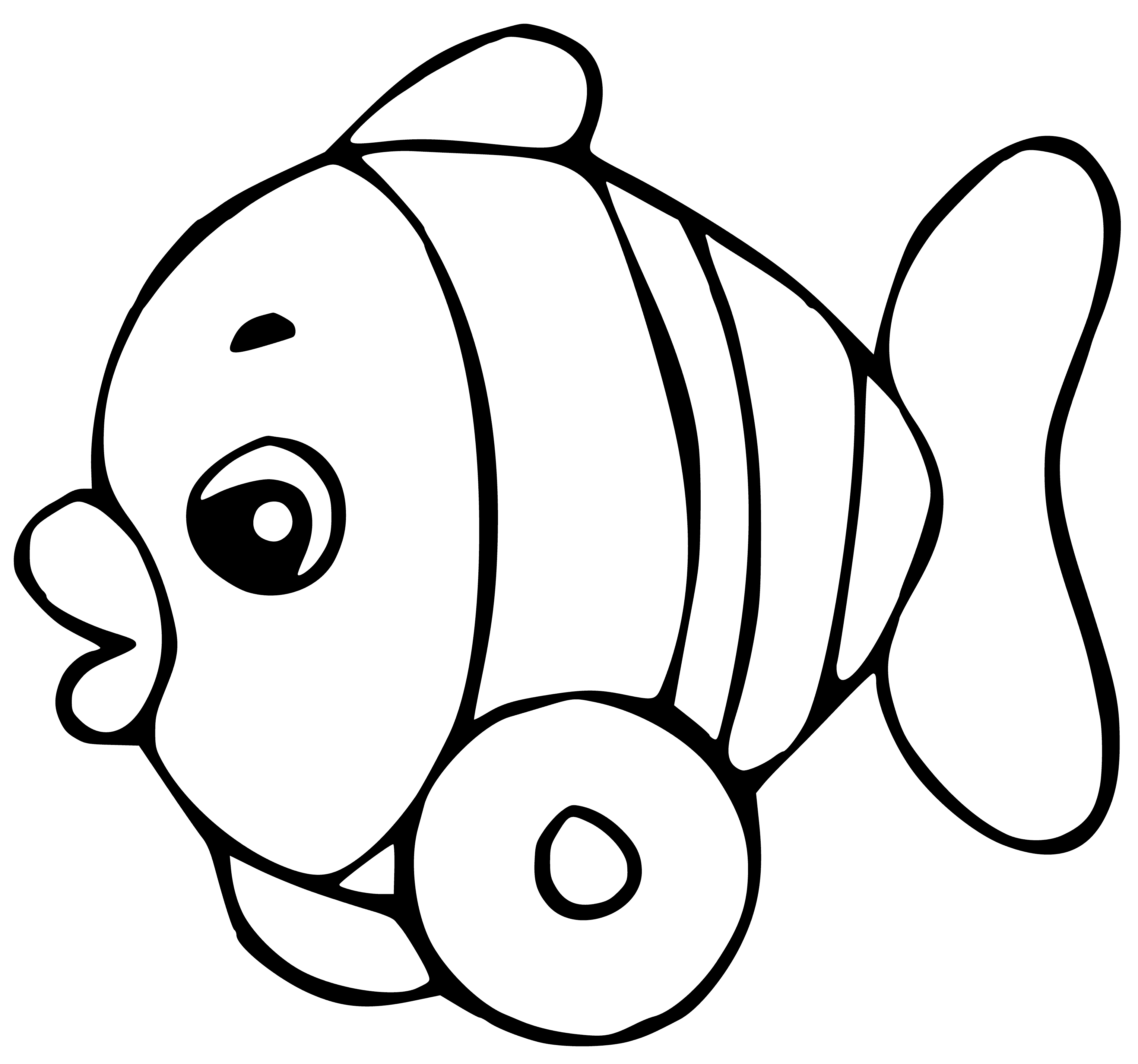 coloring page: Small fish happily swims in blue, clear ocean while sun shines brightly.
