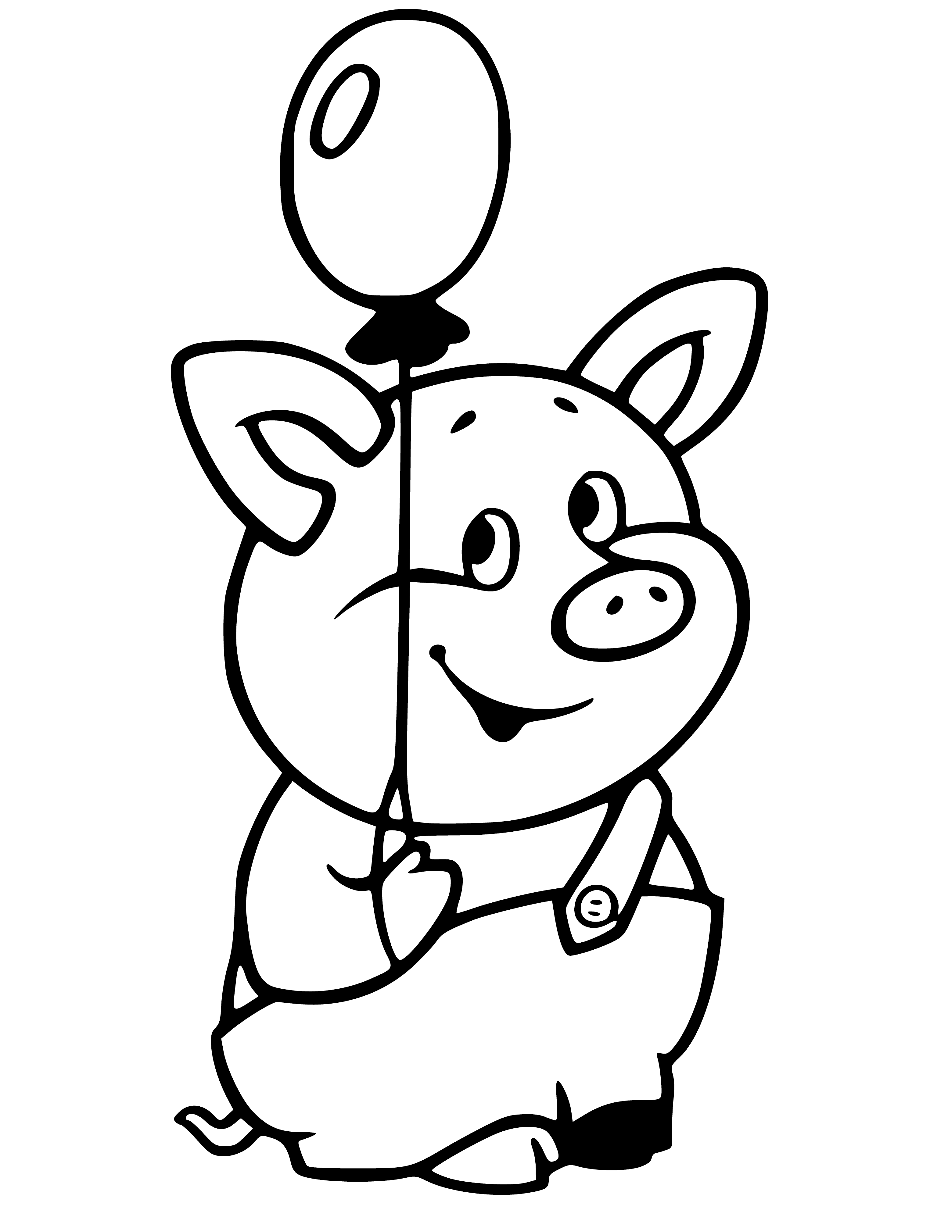 coloring page: Small pink piglet stands on hind legs, paws in air. Curly tail, long snout nose, floppy ears and black eyes.