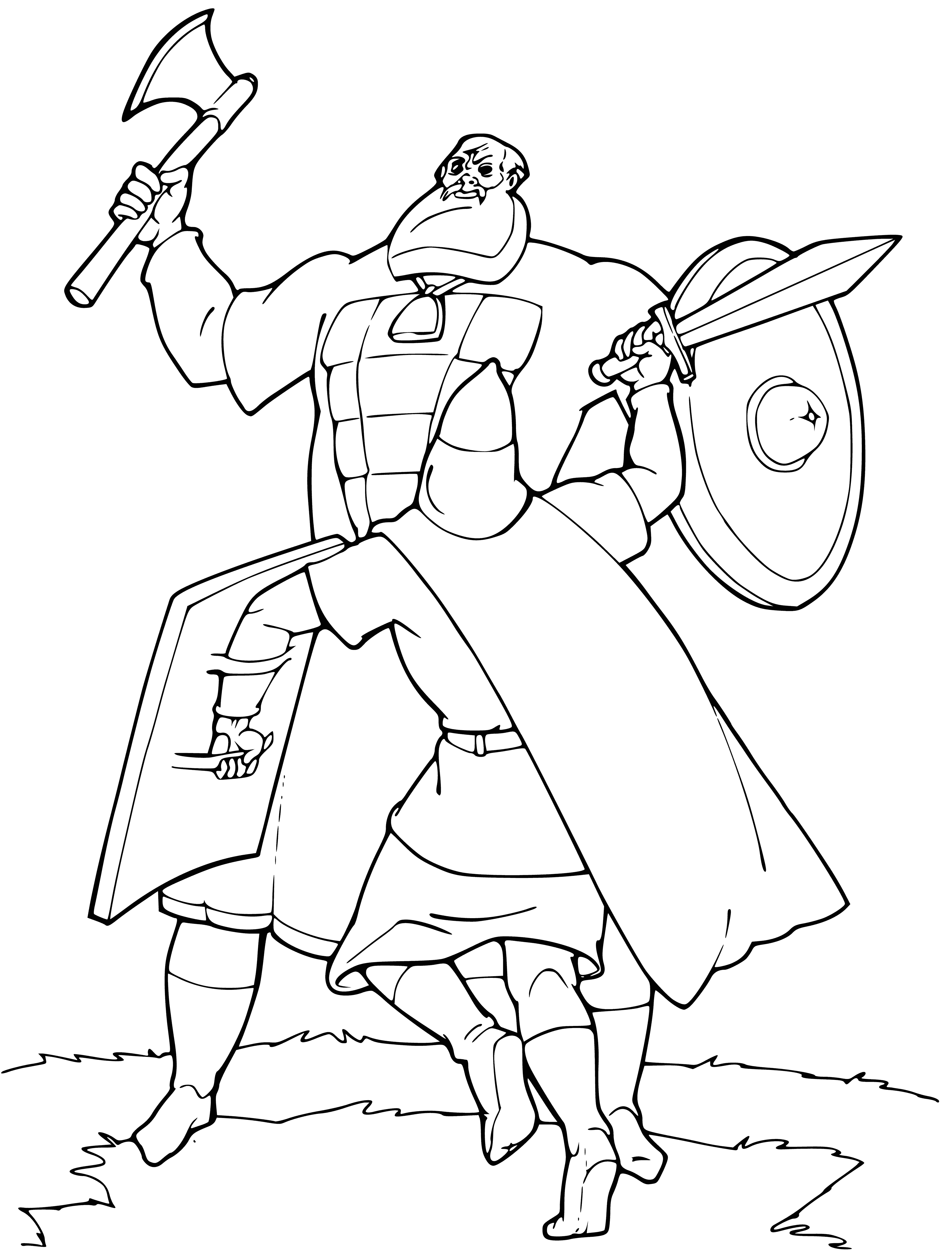 coloring page: A man, presumably Prince Vladimir, stands with sword in hand, shield on back surrounded by soldiers ready for battle. In the bg a city & cathedral.