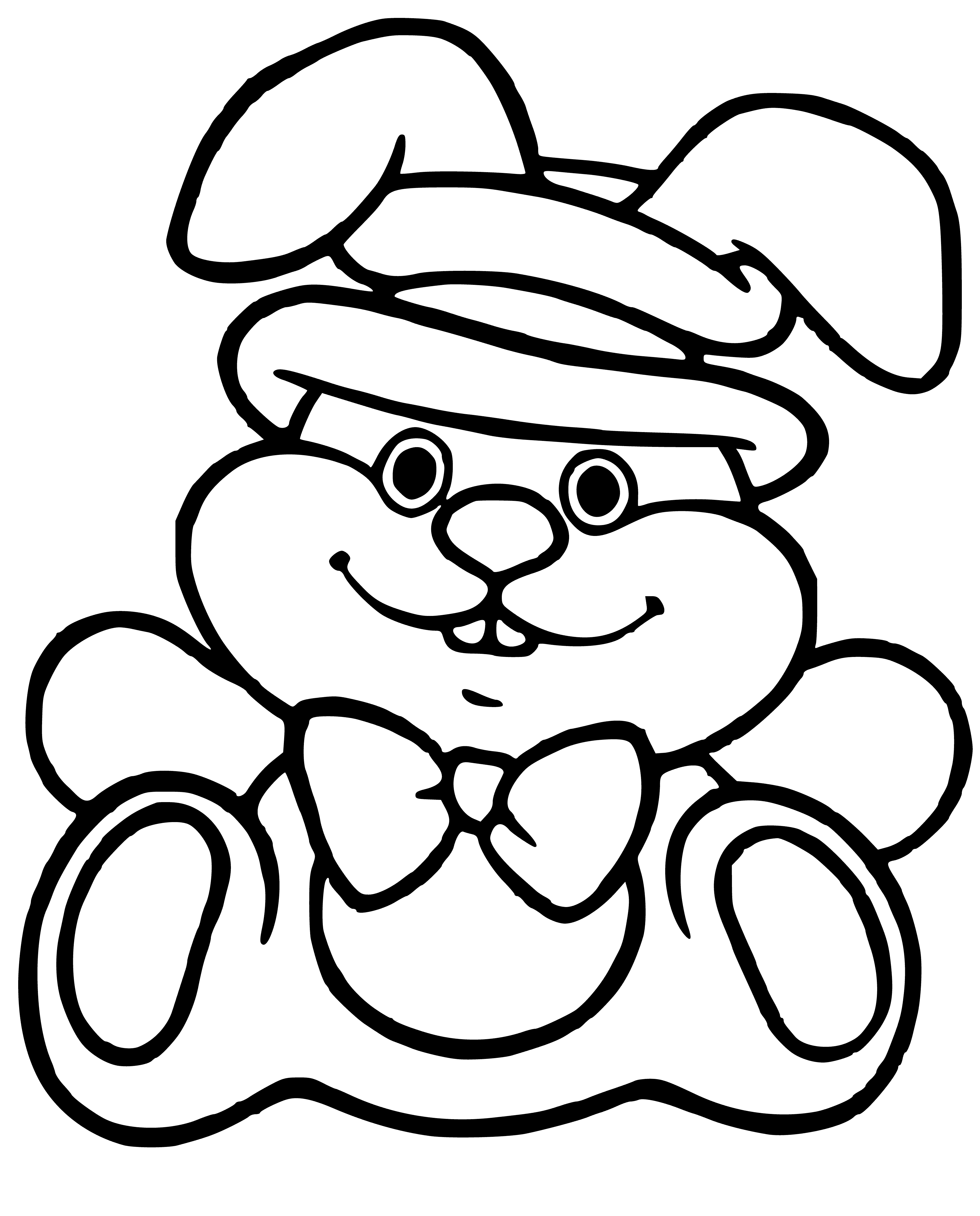 coloring page: Small, brown bunny w/ white fur, long floppy ears, pink nose, eyes closed, lying on green grass.