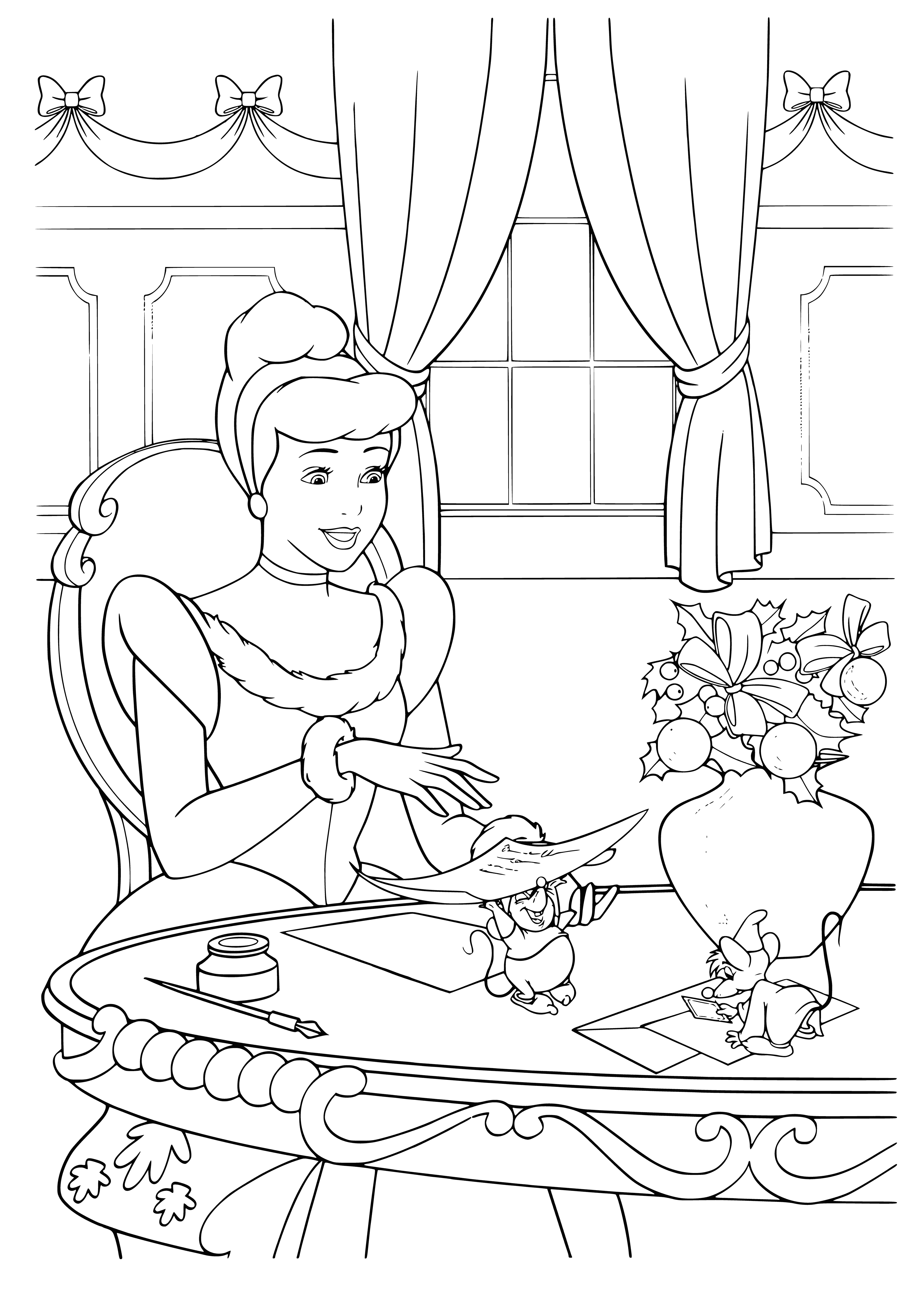 coloring page: Cinderella and the Disney princesses celebrate New Year by cleaning up castle. Wearing party hats, noisemakers and scrubbing the floors.