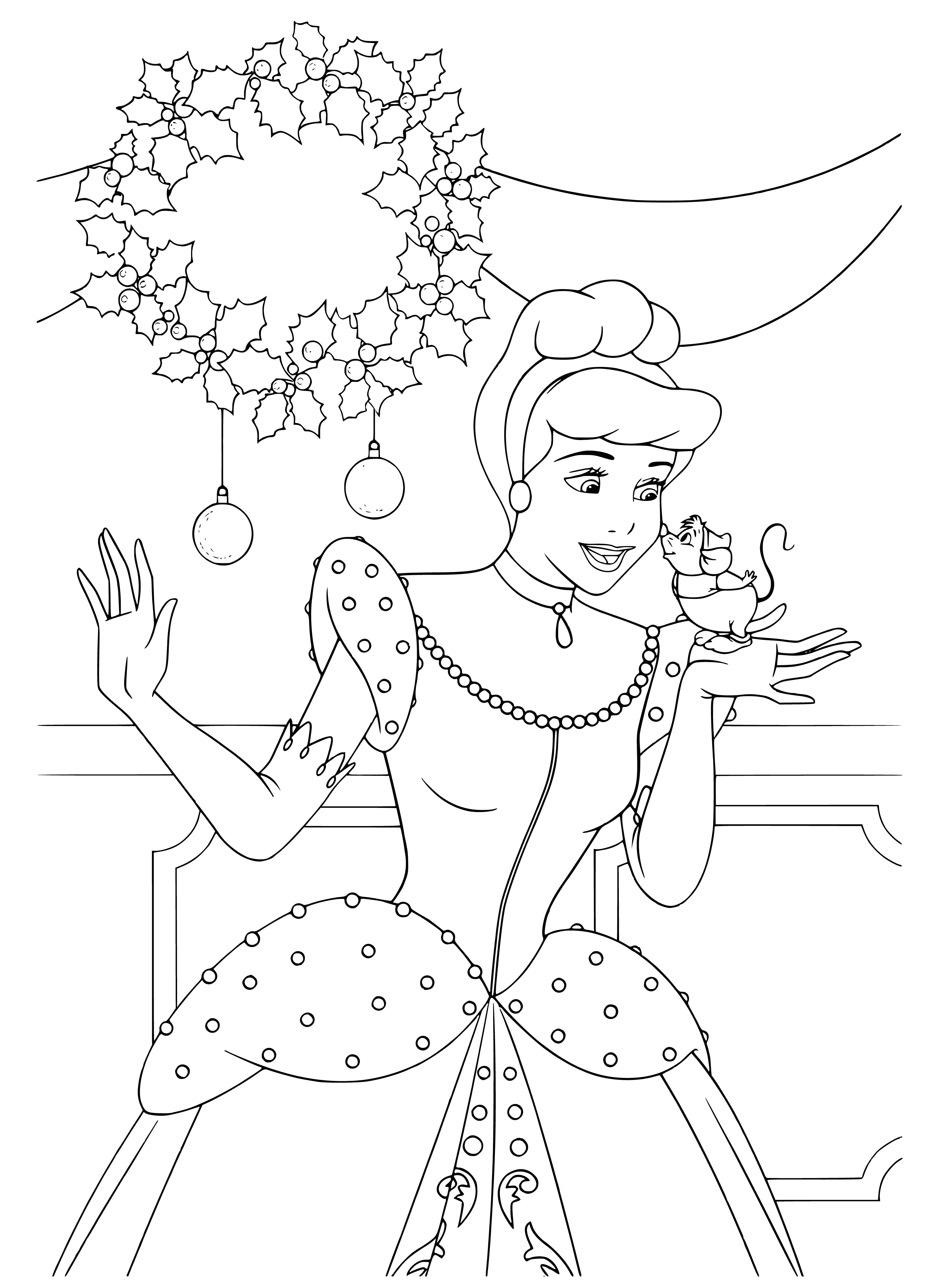 coloring page: Disney princesses toast the New Year together, dressed in their finest clothing. Cinderella in center, surrounded by Snow White, Sleeping Beauty, Belle, Jasmine & Ariel.