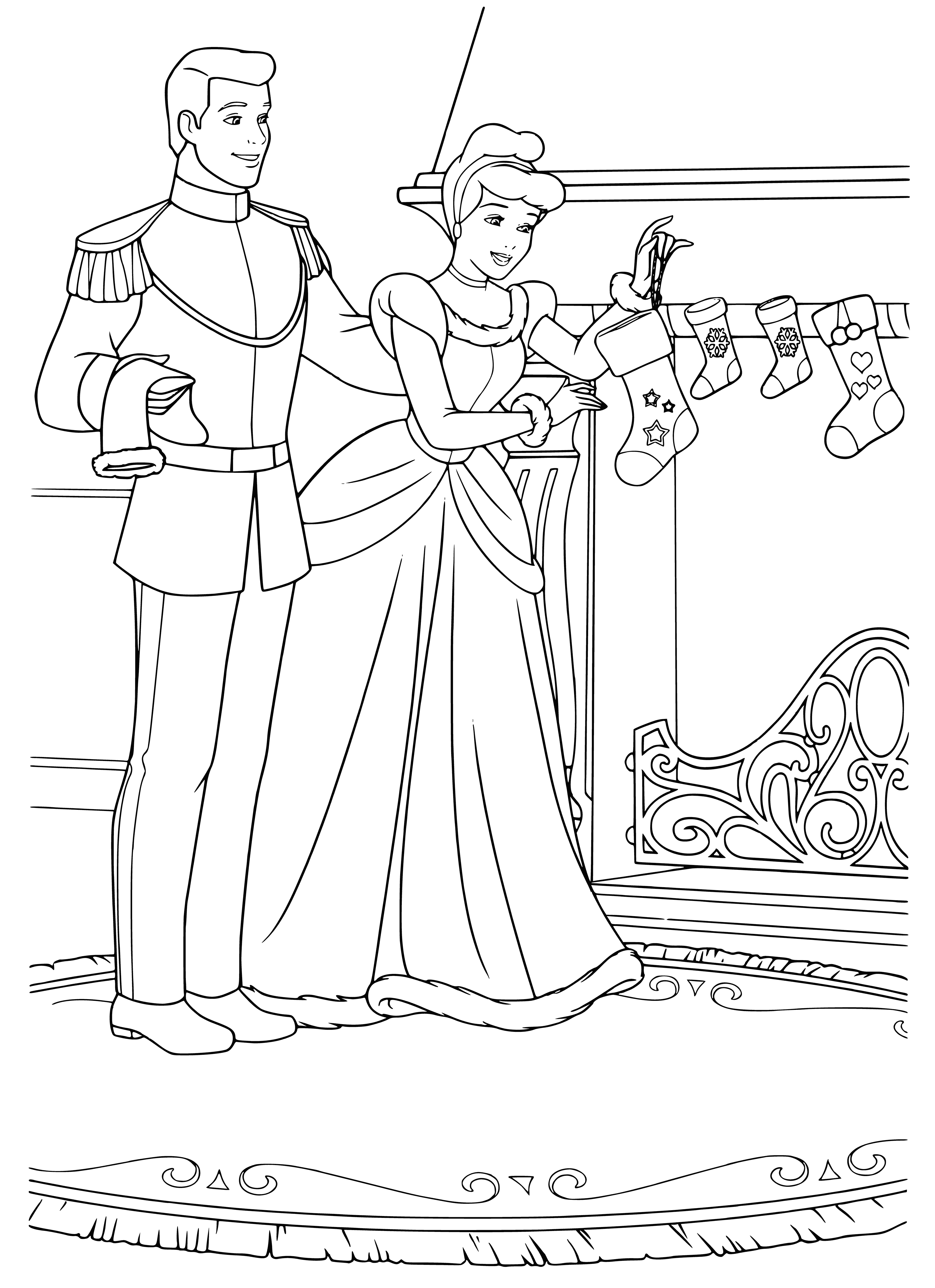 coloring page: Cinderella and her prince celebrate NYE by the fireplace in royal attire, sipping champagne & clearly in love.
