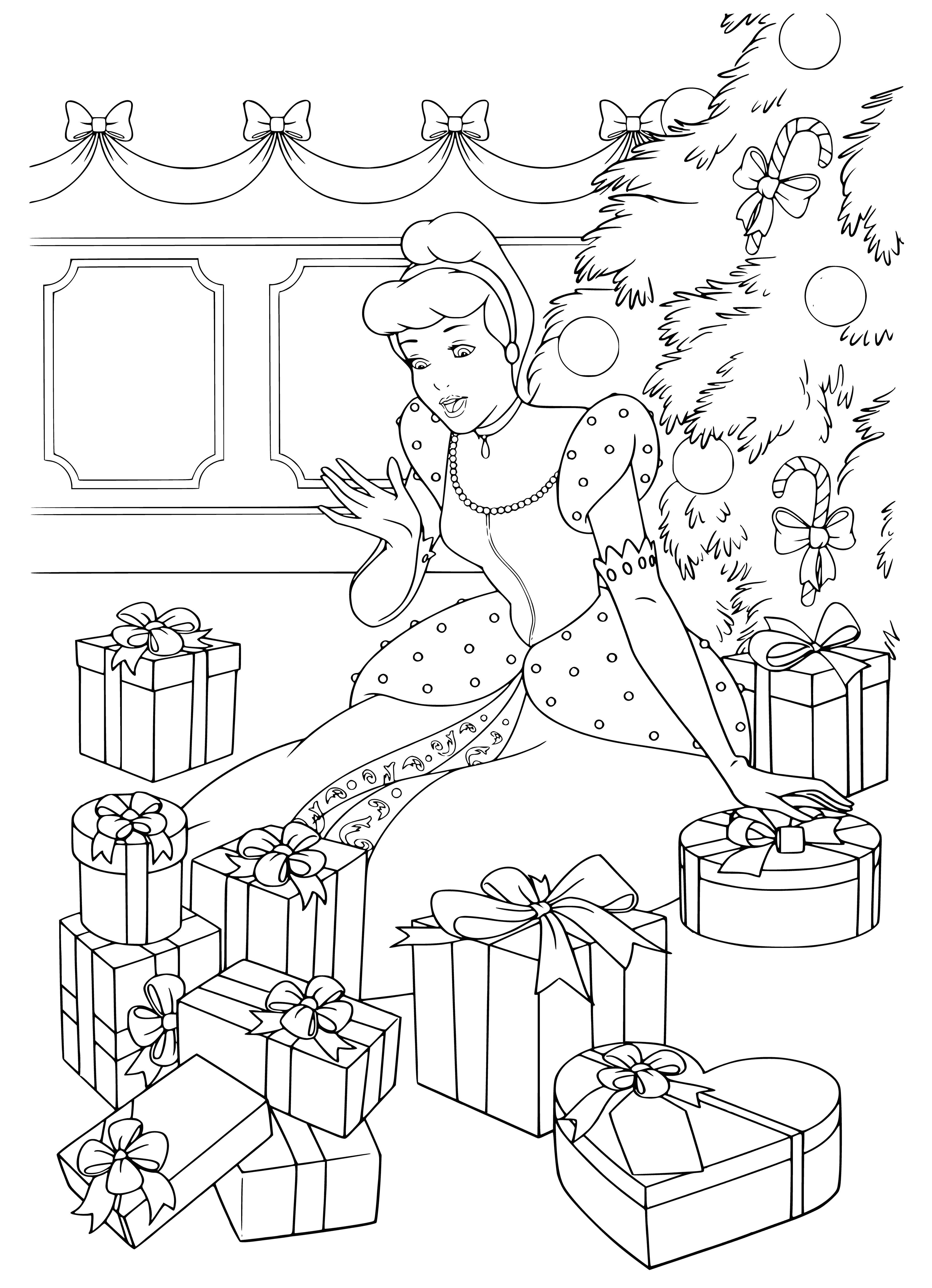 coloring page: Disney princesses Snow White, Cinderella, & Aurora celebrate New Year around tree filled with presents, bringing joy for the year ahead.