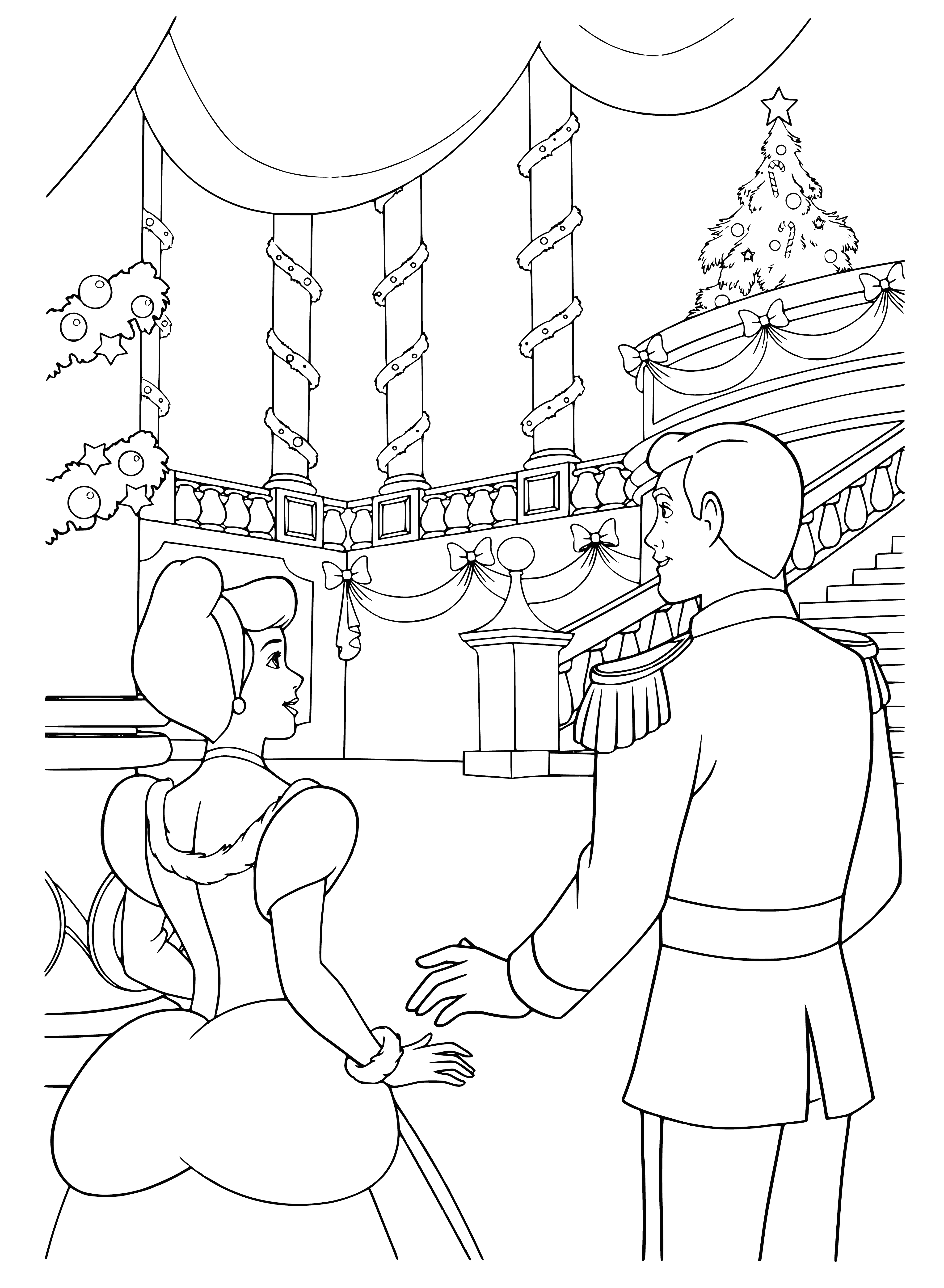 coloring page: Disney princesses celebrating the New Year in palace; decorated with banners, streamers, clock, cake & balloons; they are all smiles & enjoying themselves.