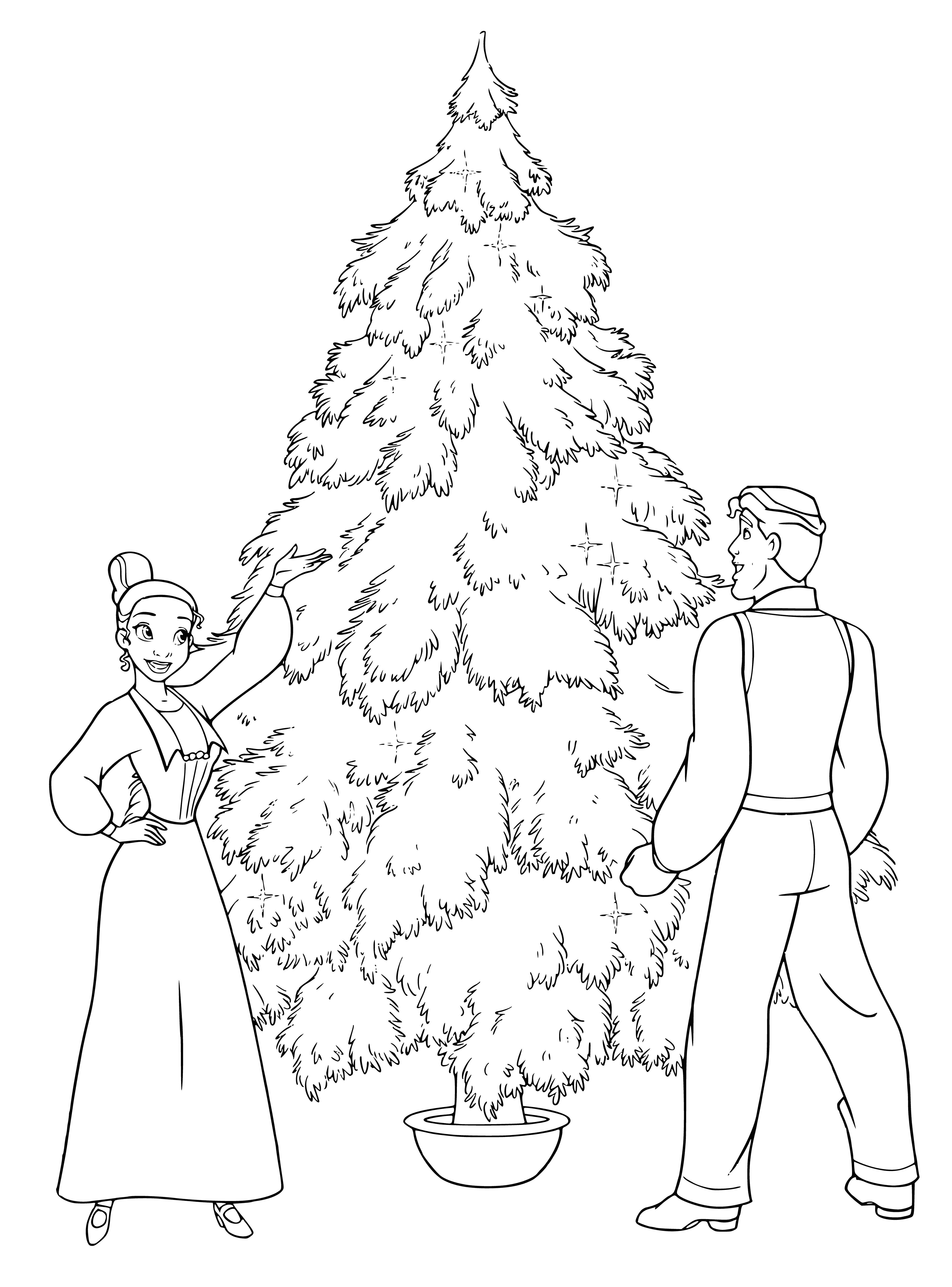 coloring page: Disney princesses gather around Christmas tree, each holding a different decoration. Snow falls gently around them, bringing festive cheer.