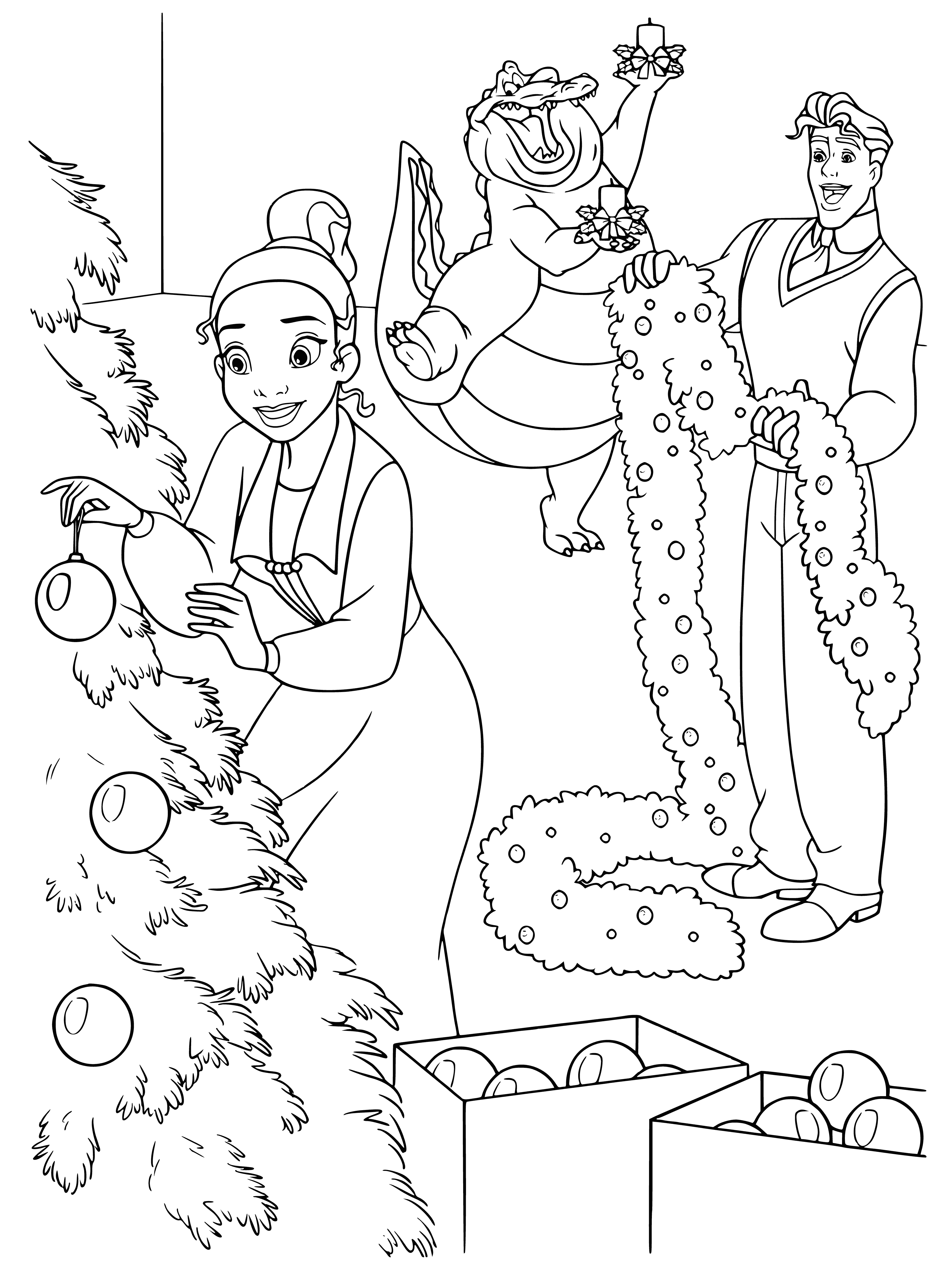 coloring page: Tiana stands in front of a Christmas tree holding a decoration, beaming with joy.