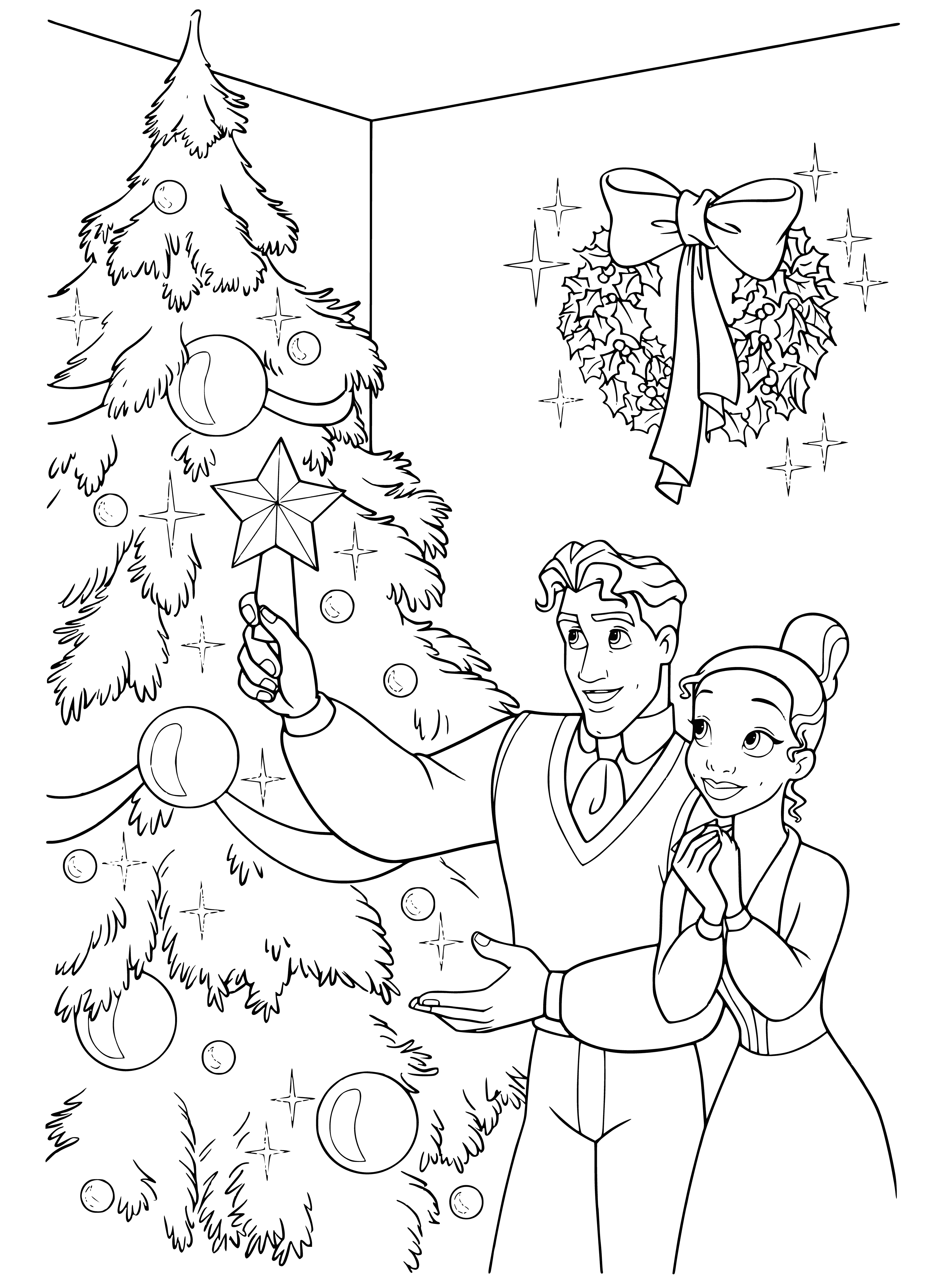 coloring page: Disney princesses and prince rejoice the New Year with champagne & smiles; Tiana in a green dress, prince in a red coat, falling snow.