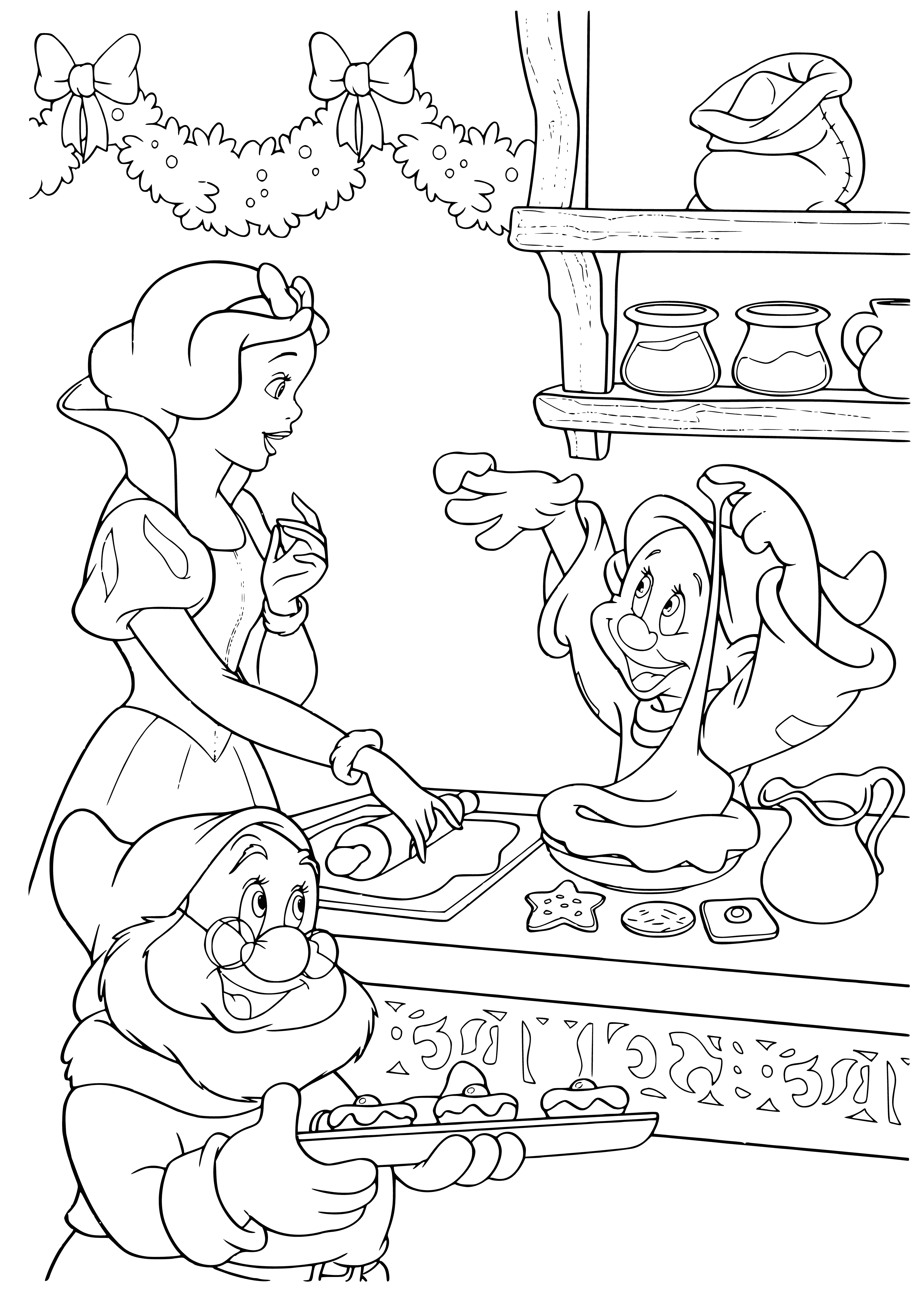 coloring page: Disney princesses celebrate New Year with champagne, cookies, and lots of smiles.