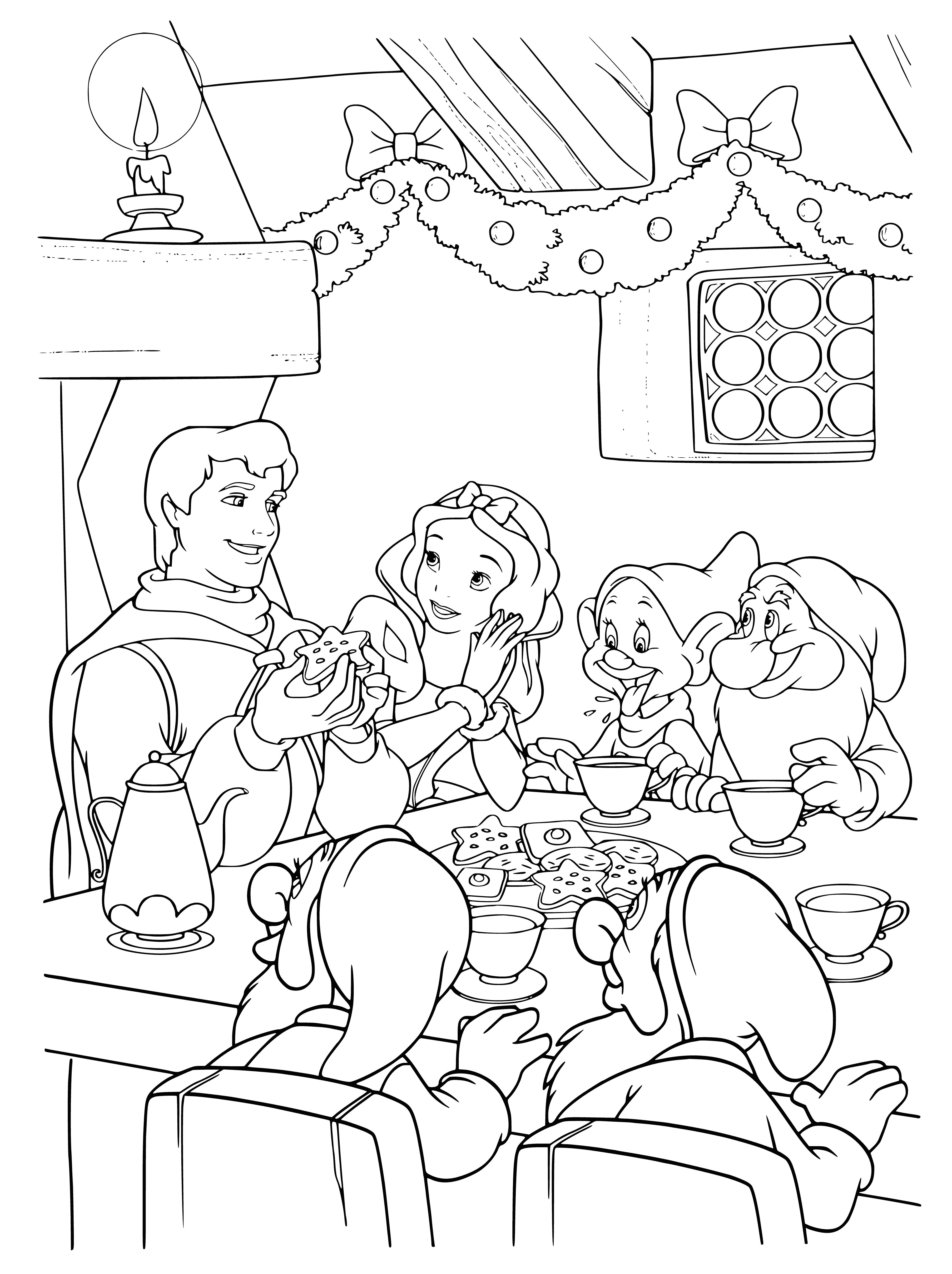 coloring page: Disney princesses celebrate the New Year with a big cake, candles, streamers, and confetti. Smiling and having a great time!