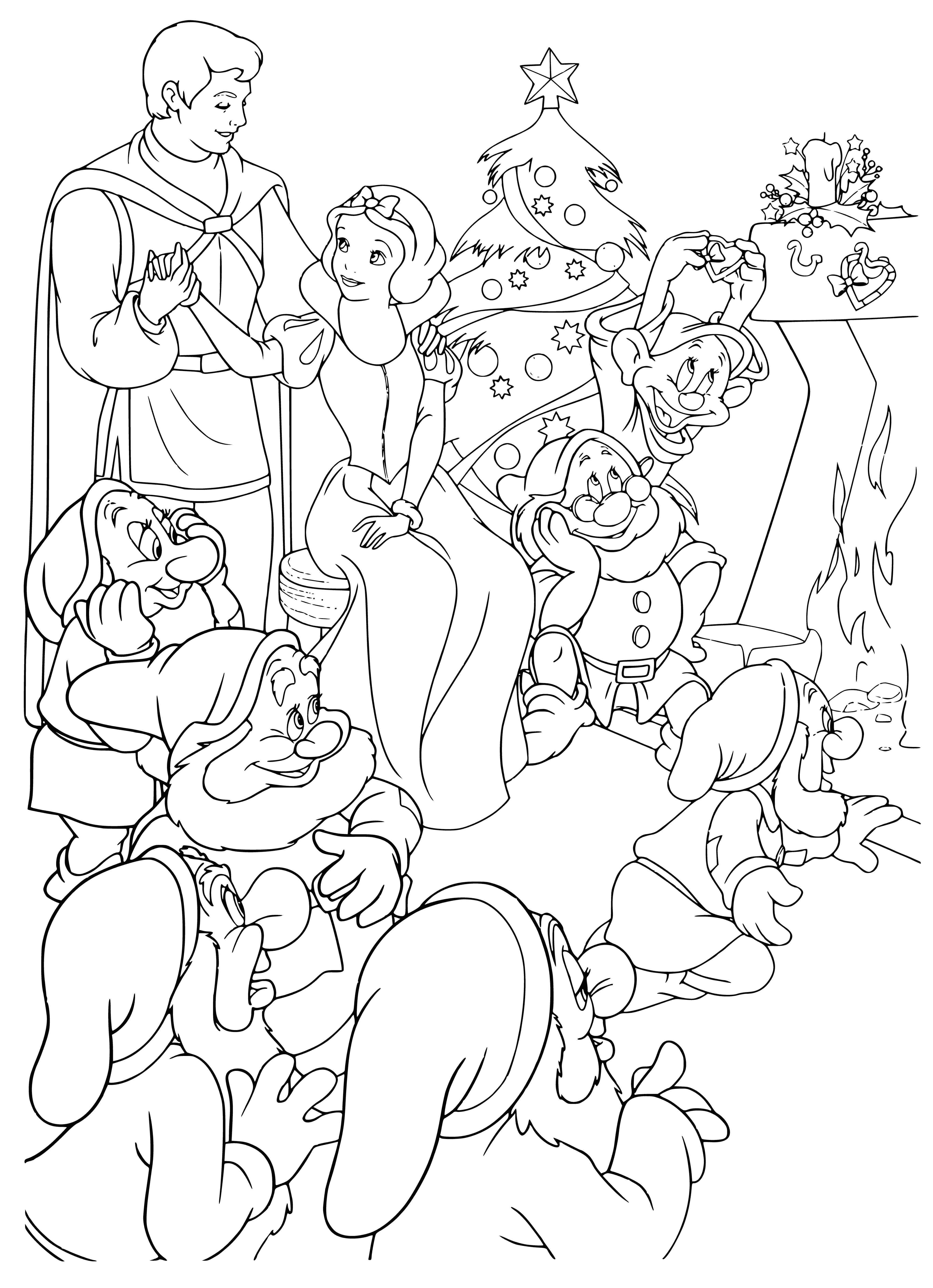 coloring page: Snow White and the Disney princesses all celebrate the new year together, with Snow White at the center of the frame. She looks ready to start the countdown! #happynewyear
