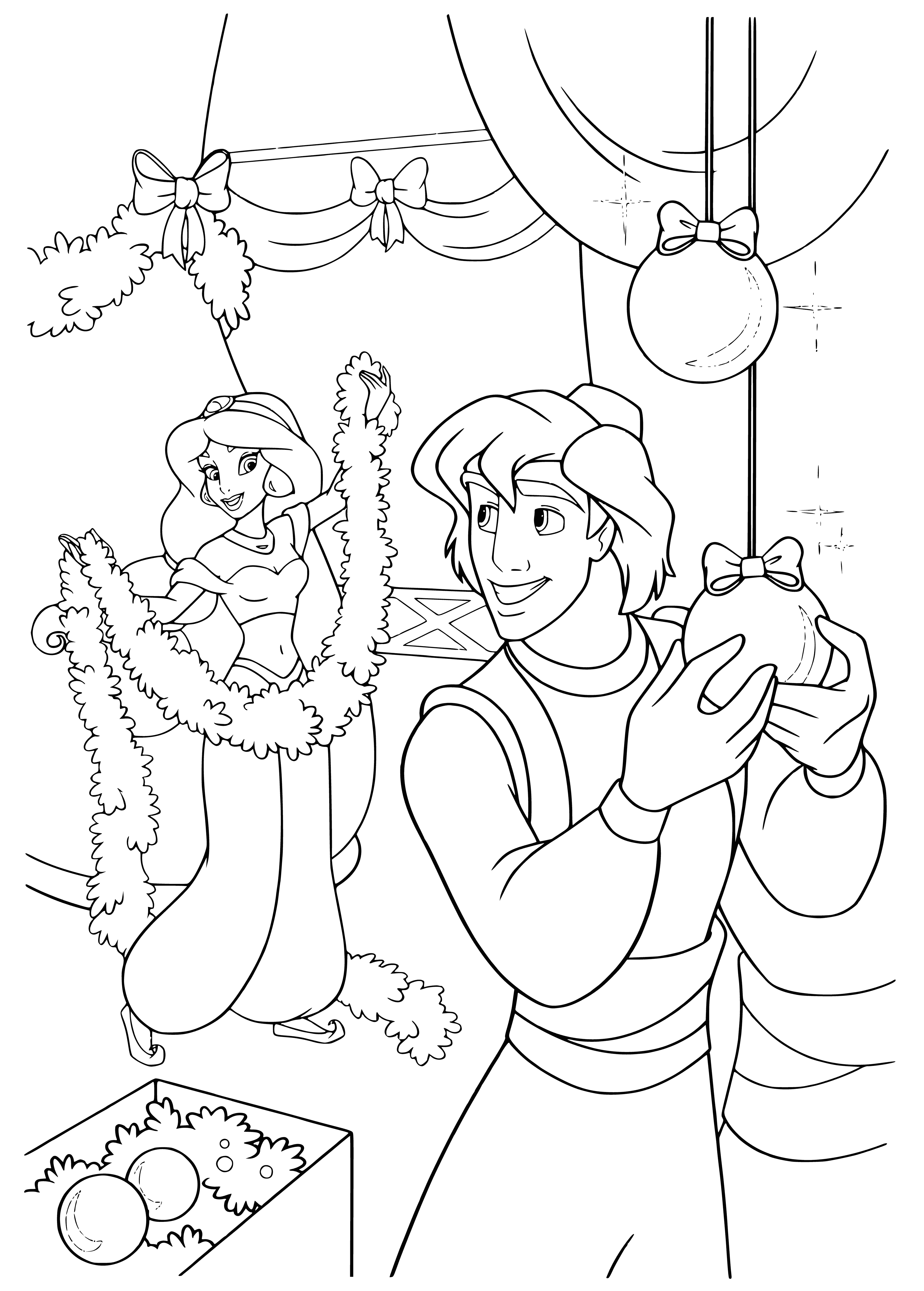 coloring page: Disney princesses celebrate New Year with decorations, all smiles for the start of something special!