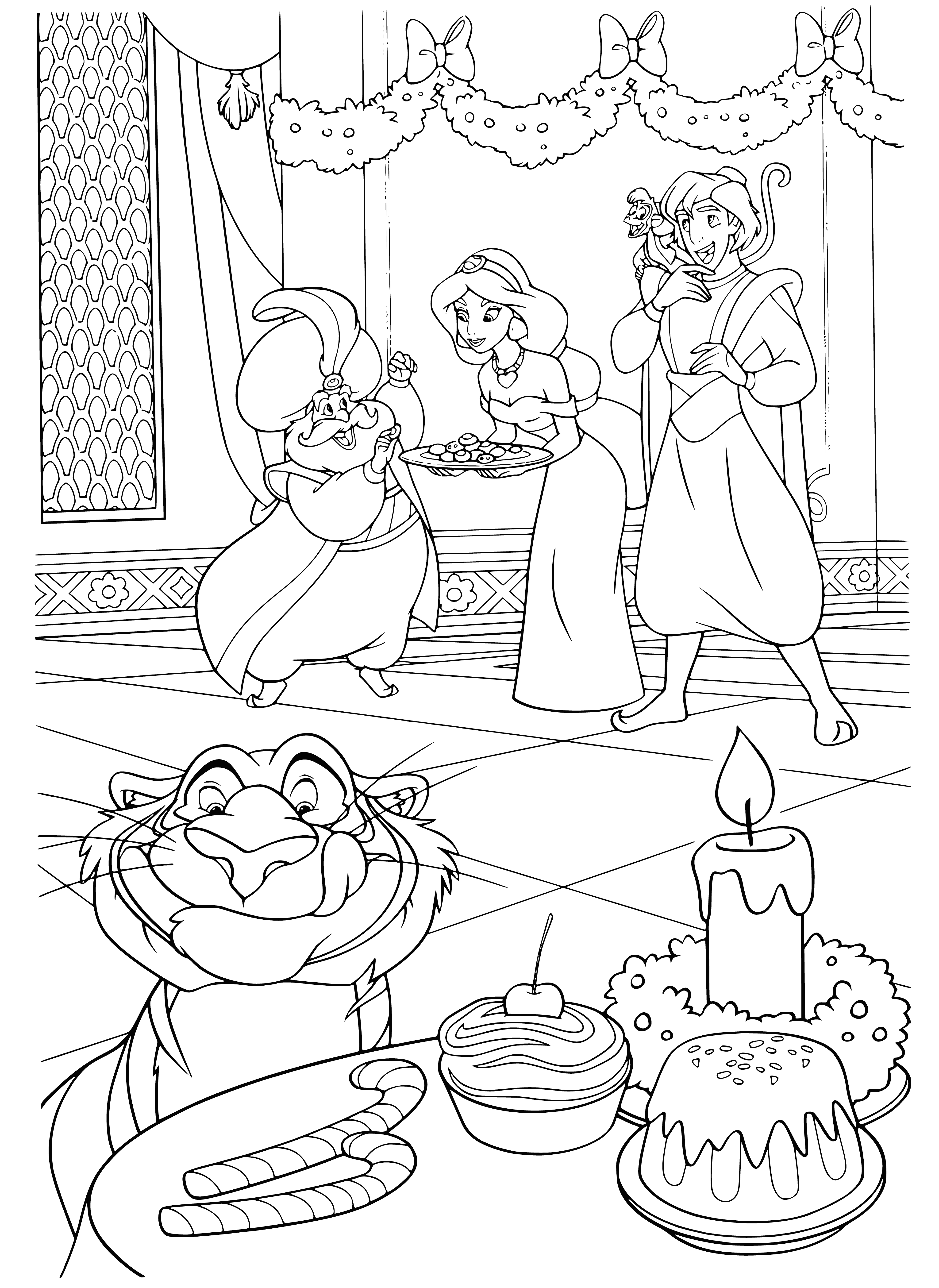 coloring page: Disney princesses celebrate New Year, wearing festive hats & holding items like champagne, horns, clocks, roses, lamps & more!