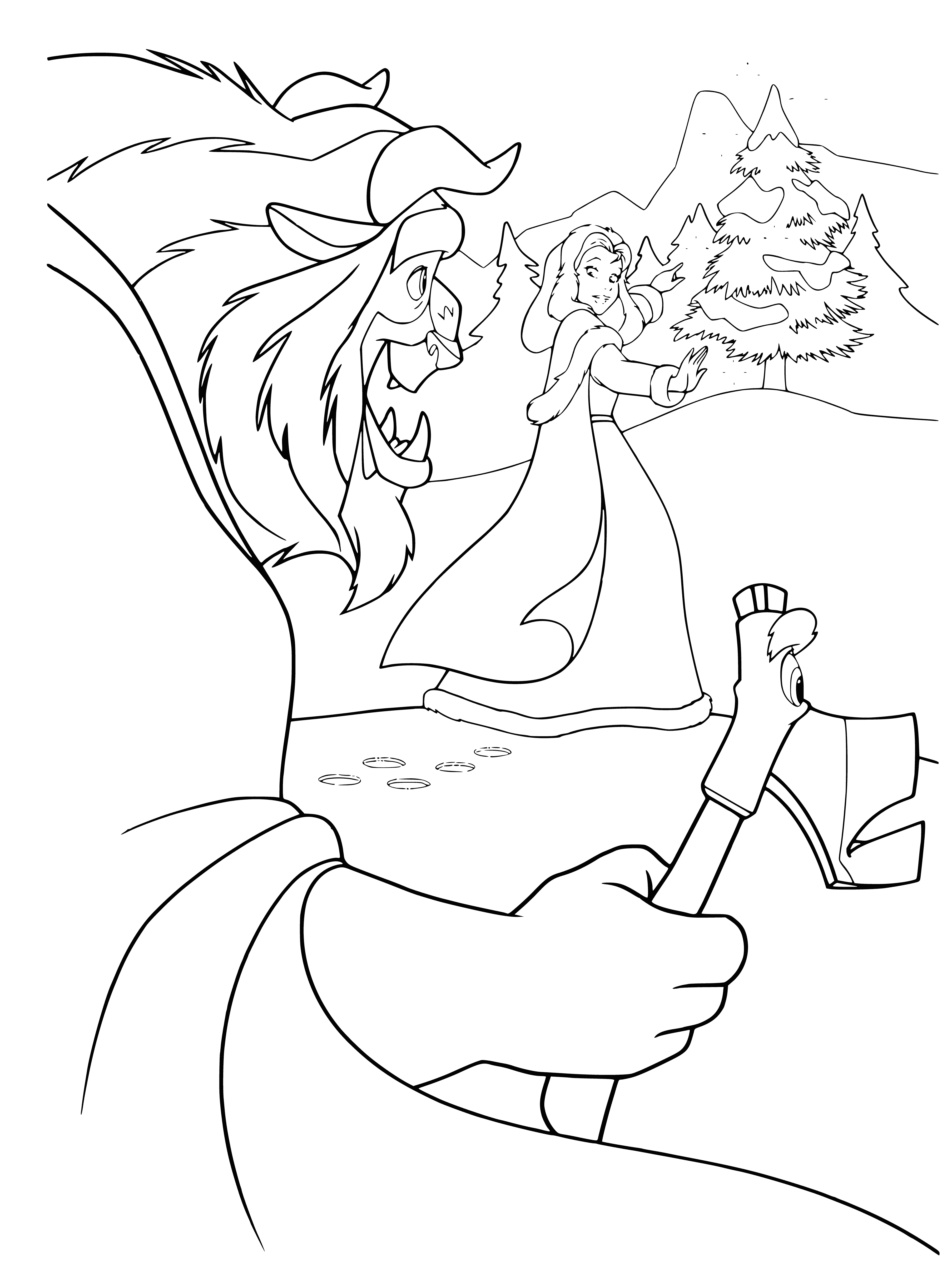 coloring page: Disney princesses gather 'round winter tree in the forest and welcome the New Year with party hats, noisemakers & sparklers. Snow White and Aurora, Cinderella and Belle, Jasmine chat & laugh as snowflakes fall from the sky.