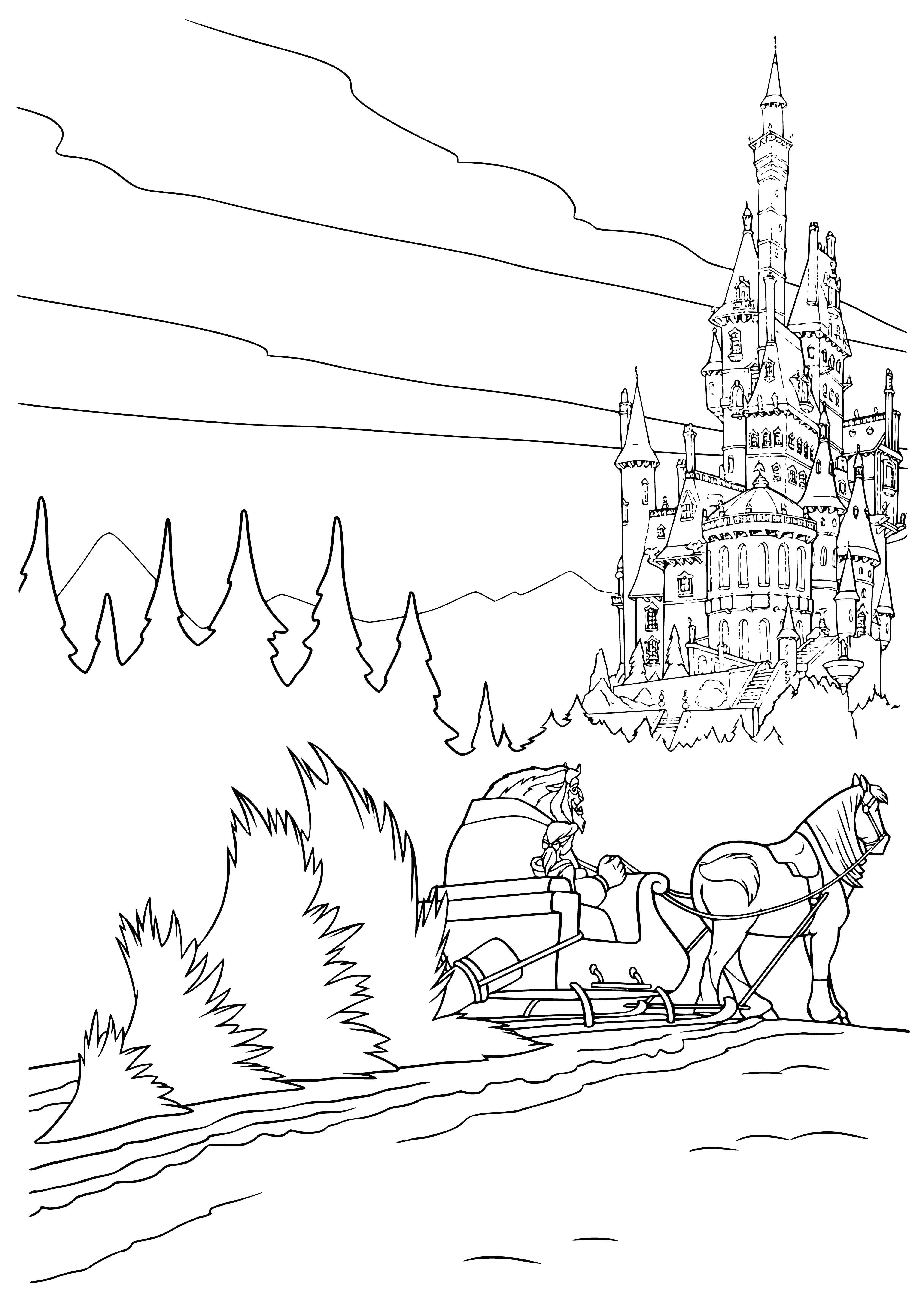 coloring page: -> The Disney princesses cheer as the monster brings a New Year's tree to the castle.