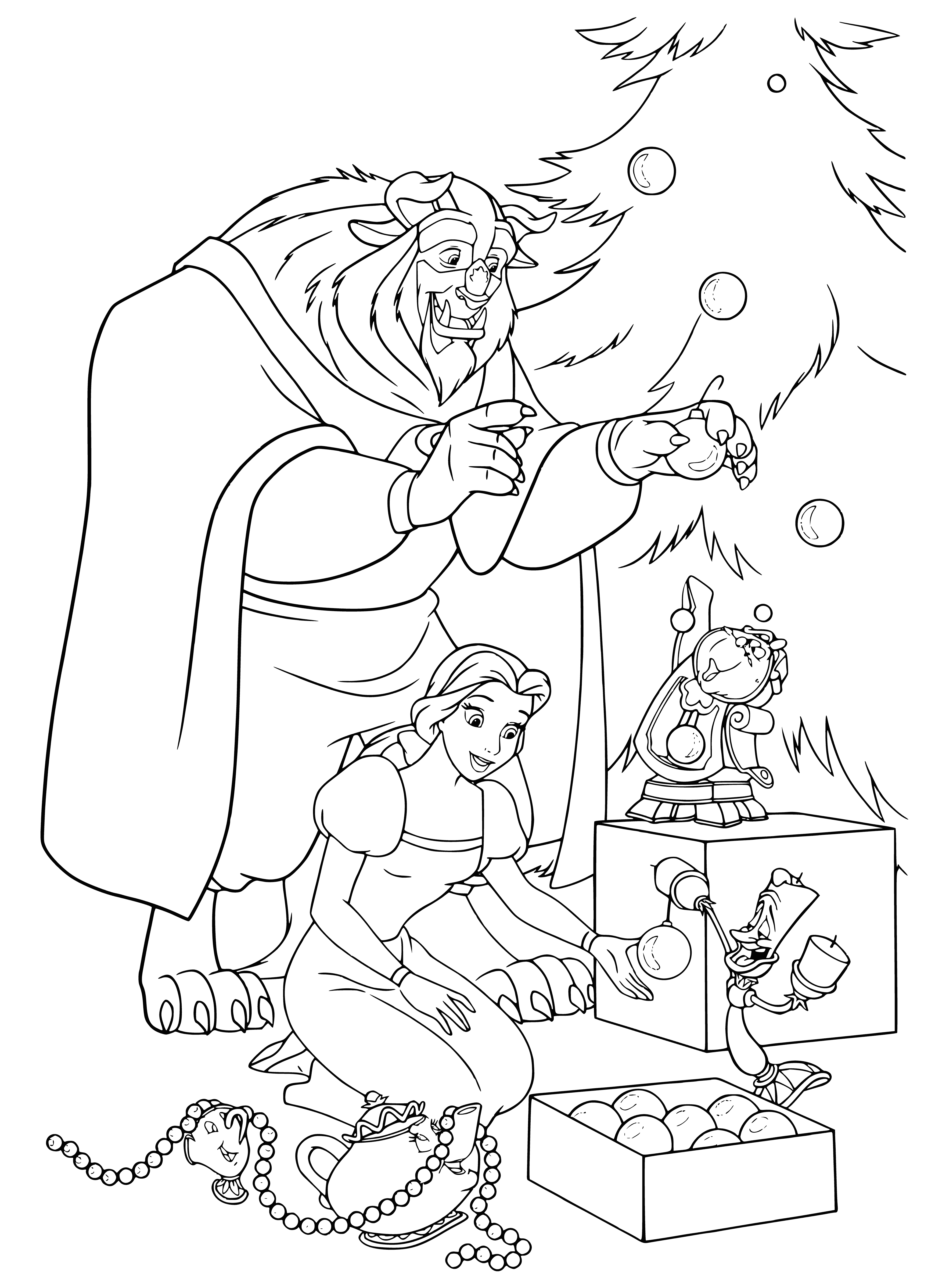 coloring page: Belle and the Beast celebrate the New Year surrounded by magical decorations and presents, content in their love for each other.