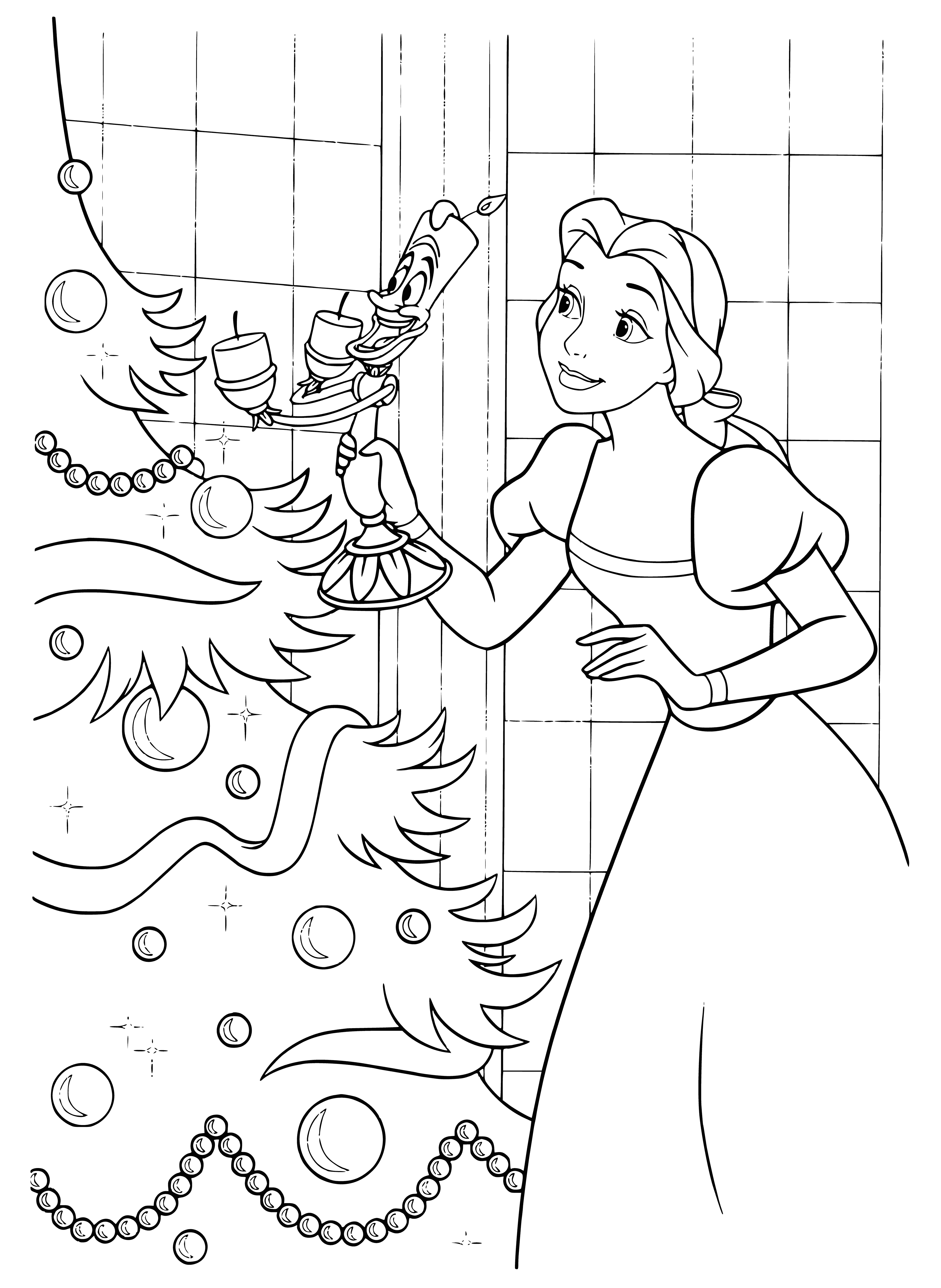 coloring page: Disney princesses ring in the New Year with Belle, near a festively decorated Christmas tree.