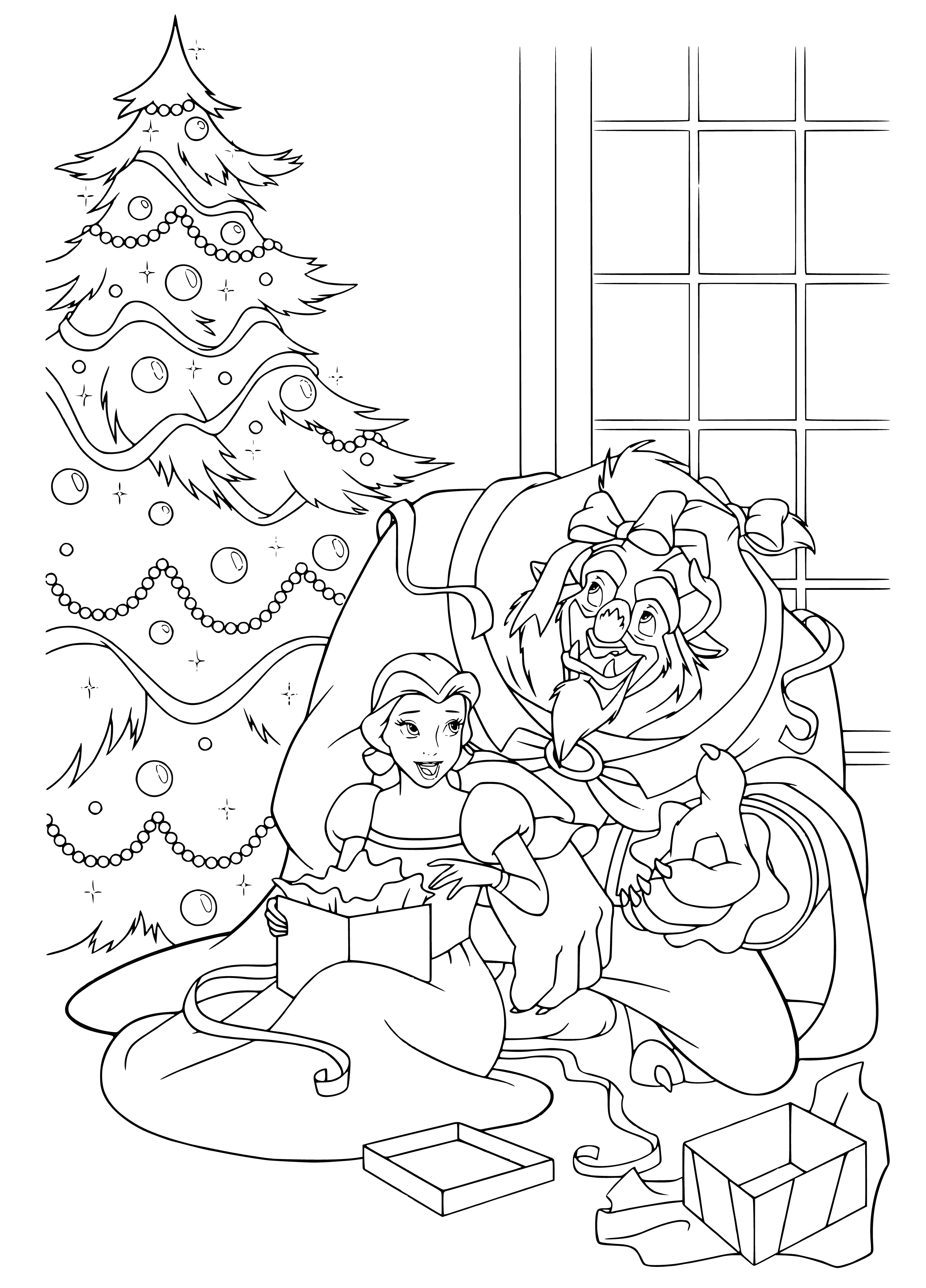 coloring page: Belle happily awaits gifts, sitting in a chair with a cheerful expression, ready to open her presents.