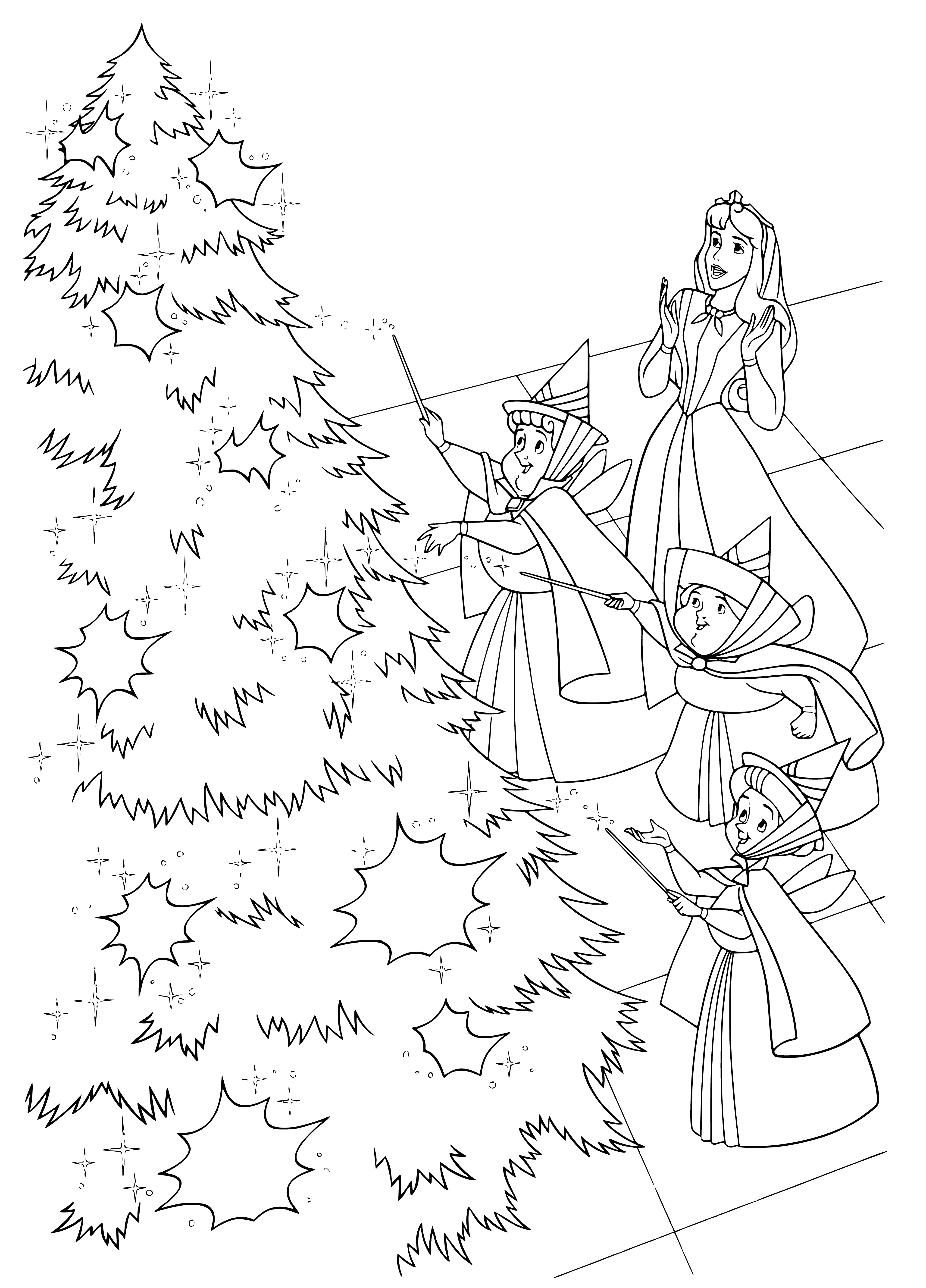 coloring page: Disney princesses celebrate the New Year around a festive Christmas tree, sparkling with lights & decorations, & topped with a star.