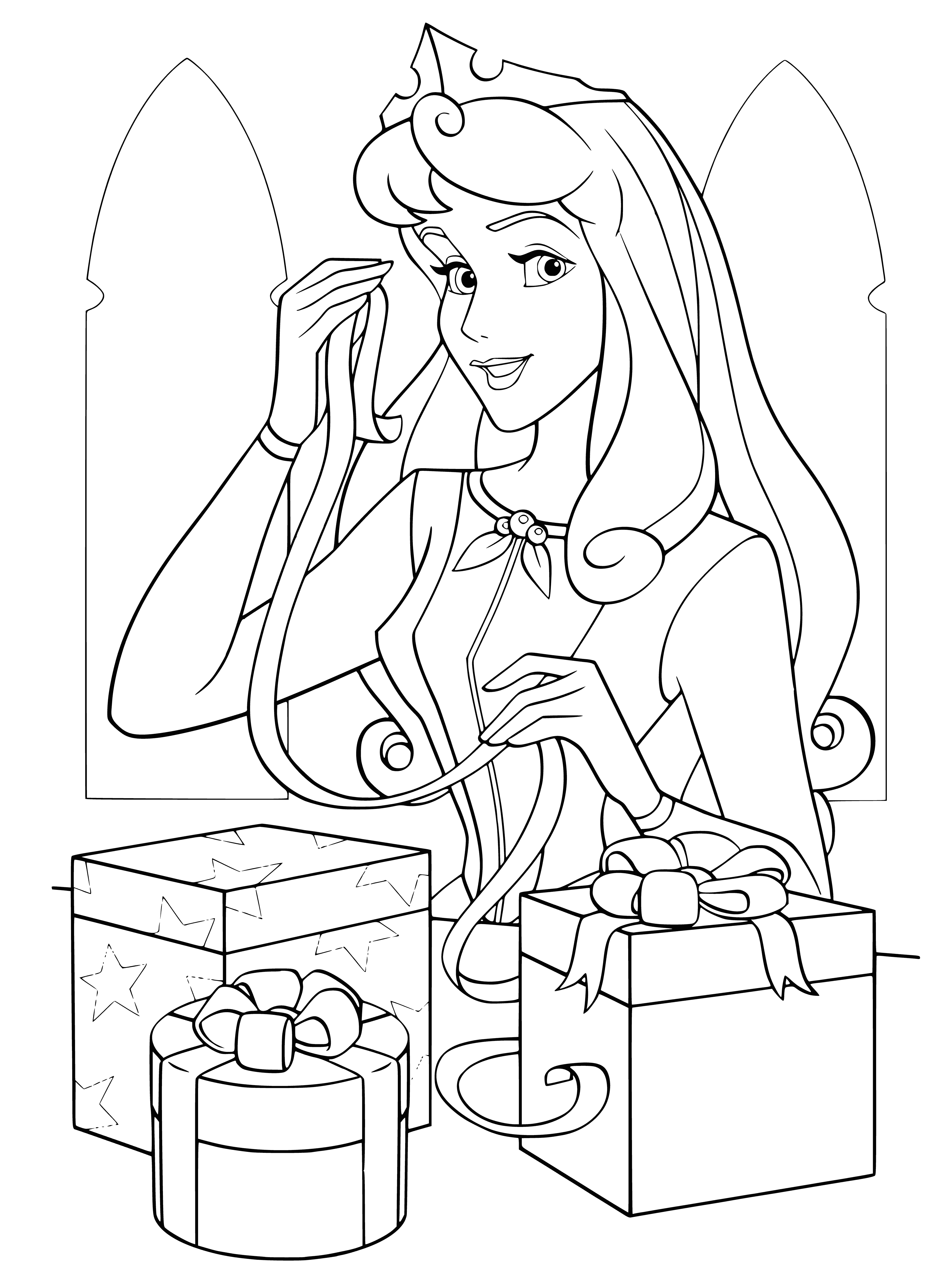 coloring page: Disney princesses celebrate New Year's, each with a unique gift. Aurora has a gift for all: a glass slipper, poisoned apple, dinglehopper, rose, lamp, drum, sword, and lily — they're all ready for a happy, exciting 2021!