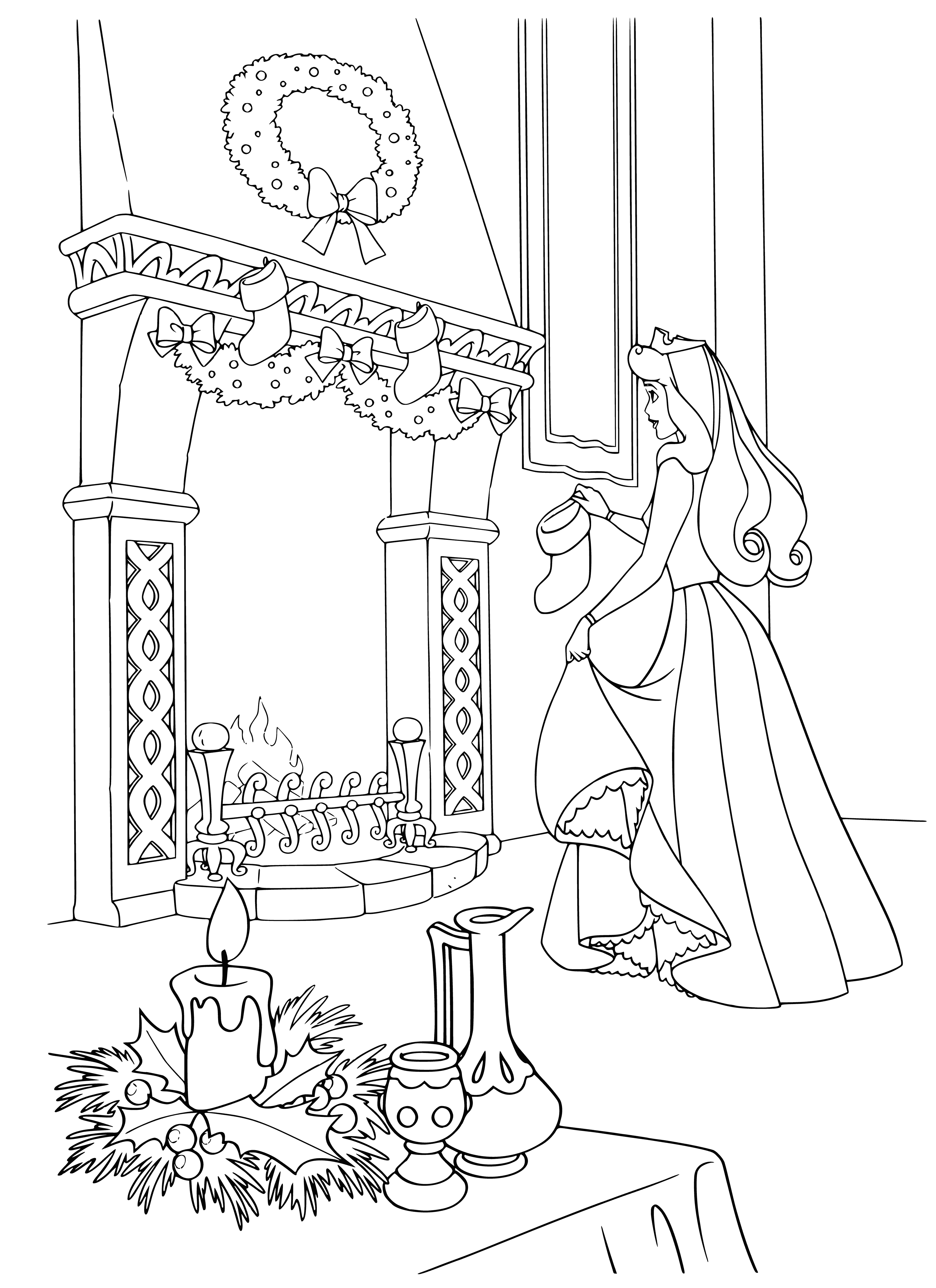 coloring page: Disney princesses celebrate the New Year with Aurora decorating the fireplace with streamers & a garland. Snow White, Belle & Cinderella help.