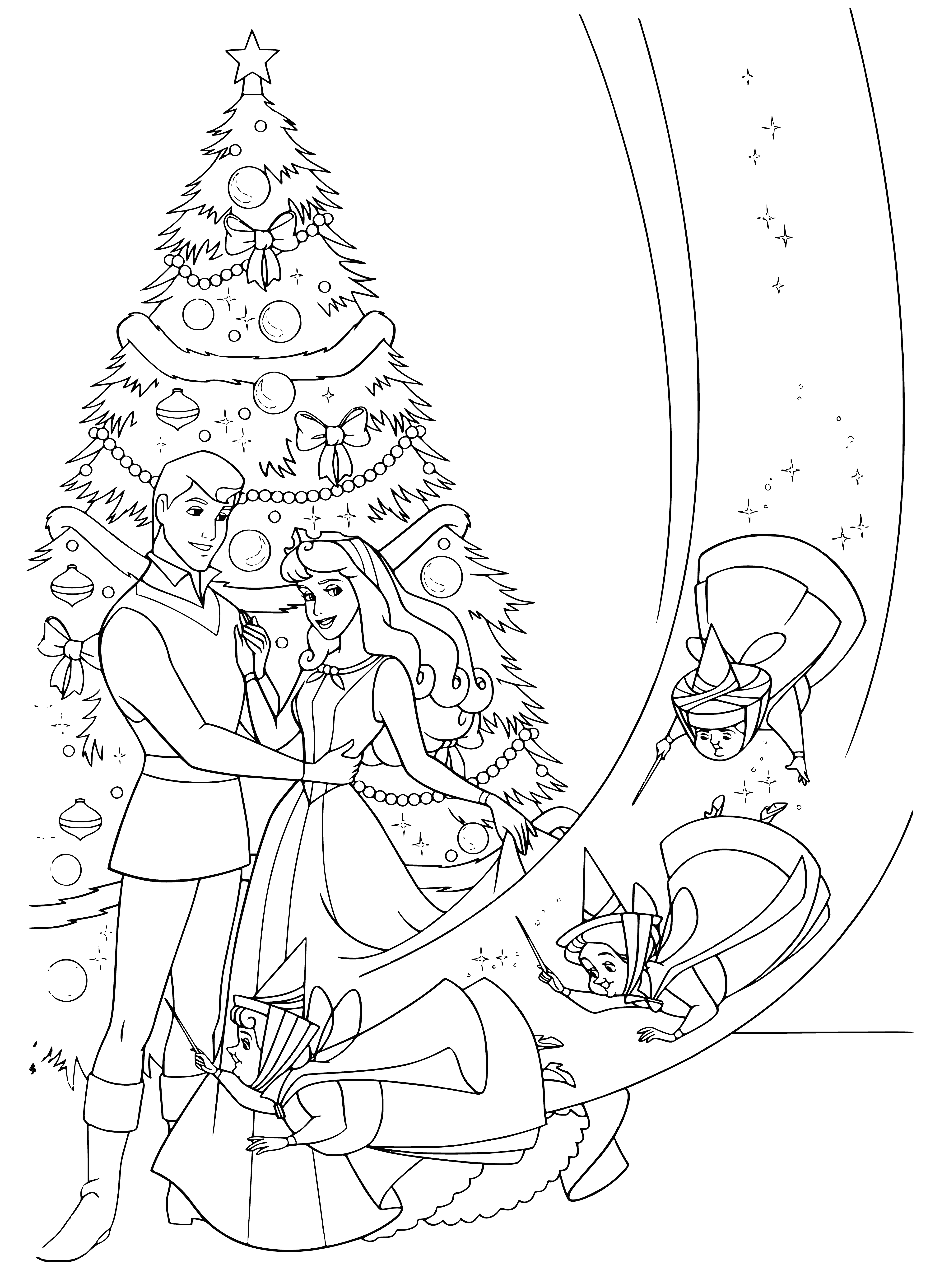 coloring page: Disney princesses are dressed up & ready to ring in the New Year with a bang! Led by Aurora, they look happy & excited to bring in new hope & possibilities.