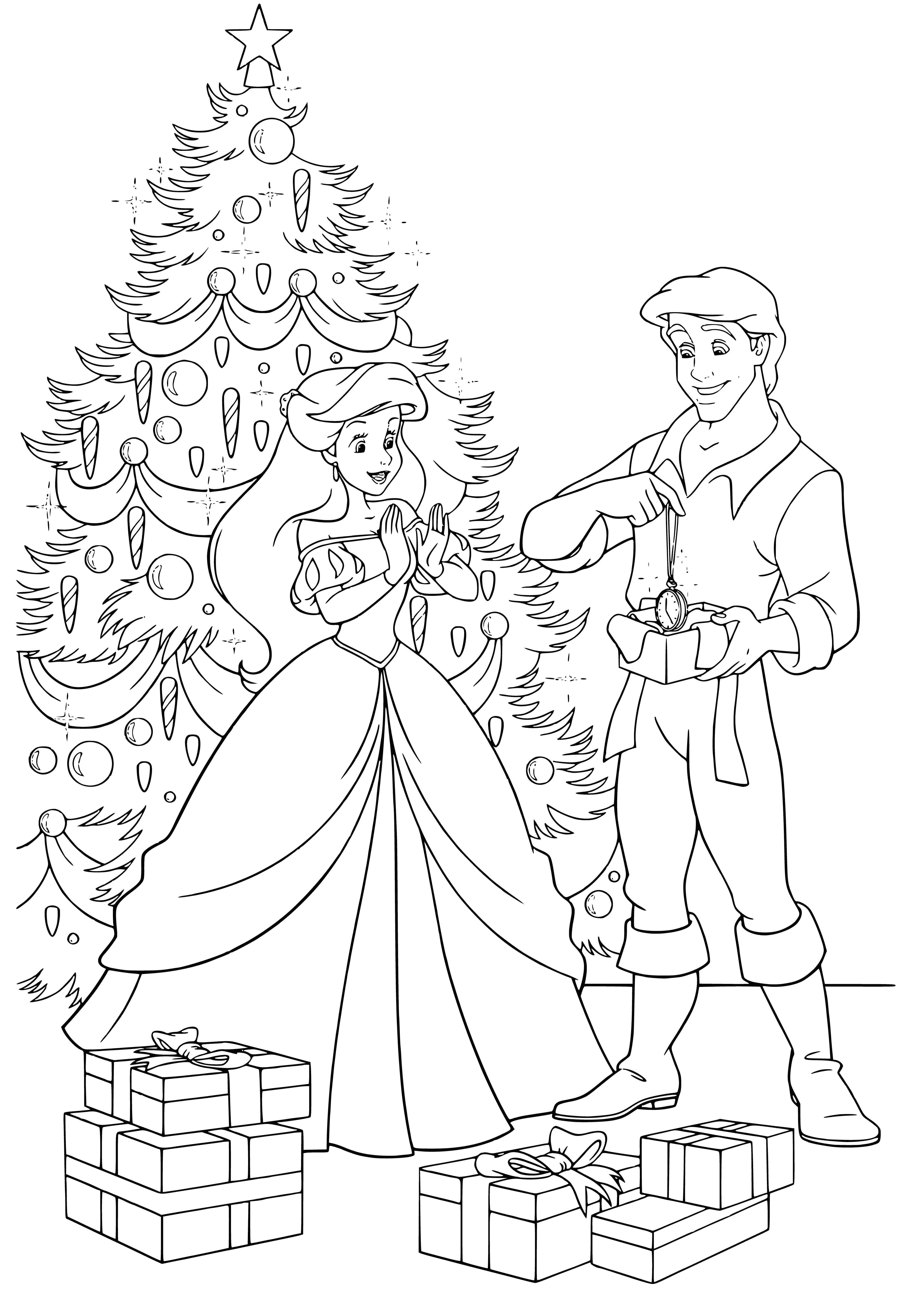 coloring page: Prince Eric and Princess Ariel are celebrating the New Year, smiling, with Eric's arm around Ariel's waist and a glass of champagne. They look like they're about to kiss!