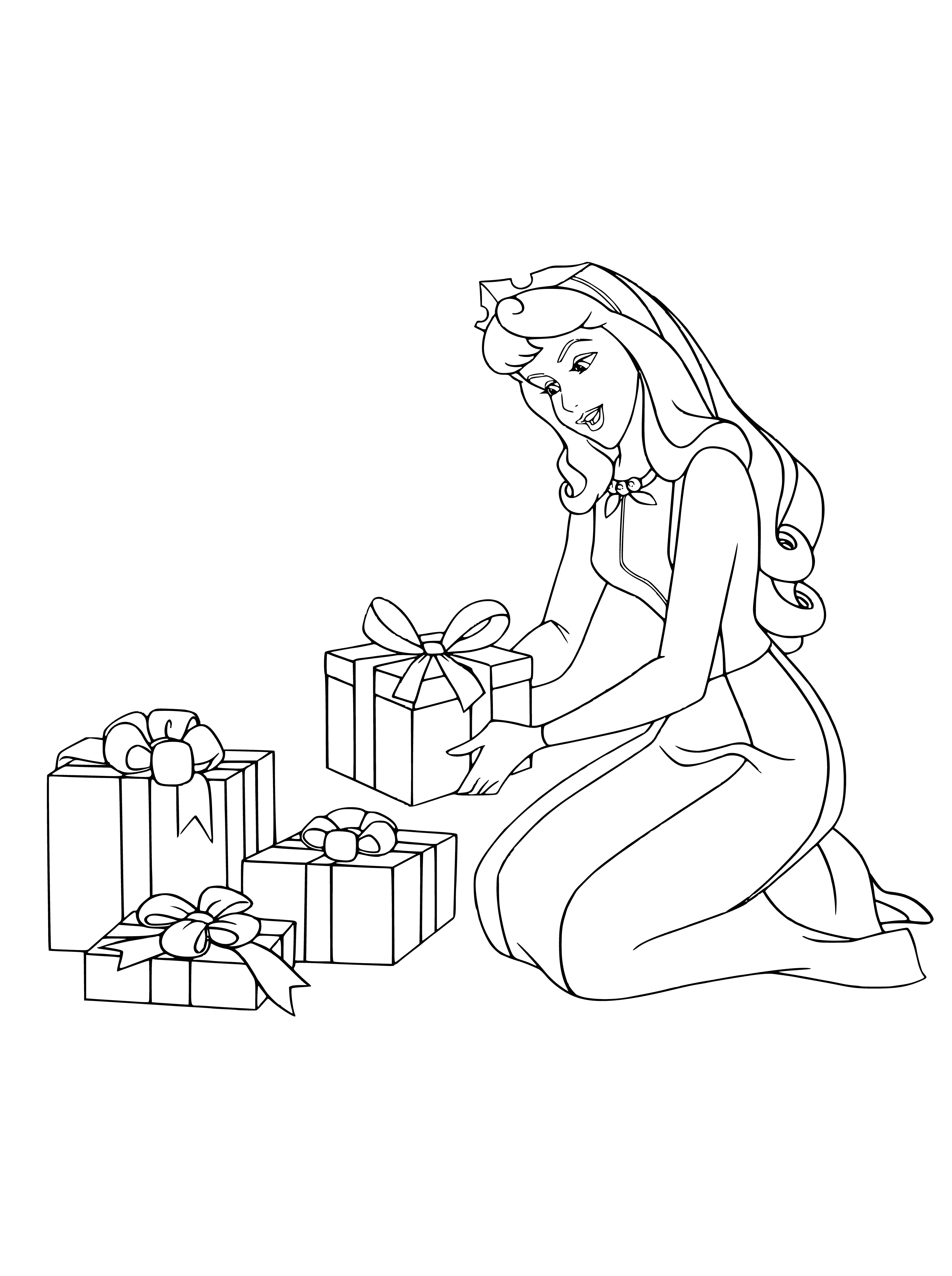 coloring page: Disney princesses celebrate New Year; Aurora in the middle surrounded by Snow White, Cinderella, Pocahontas, Mulan and Jasmine, all smiling and happy.