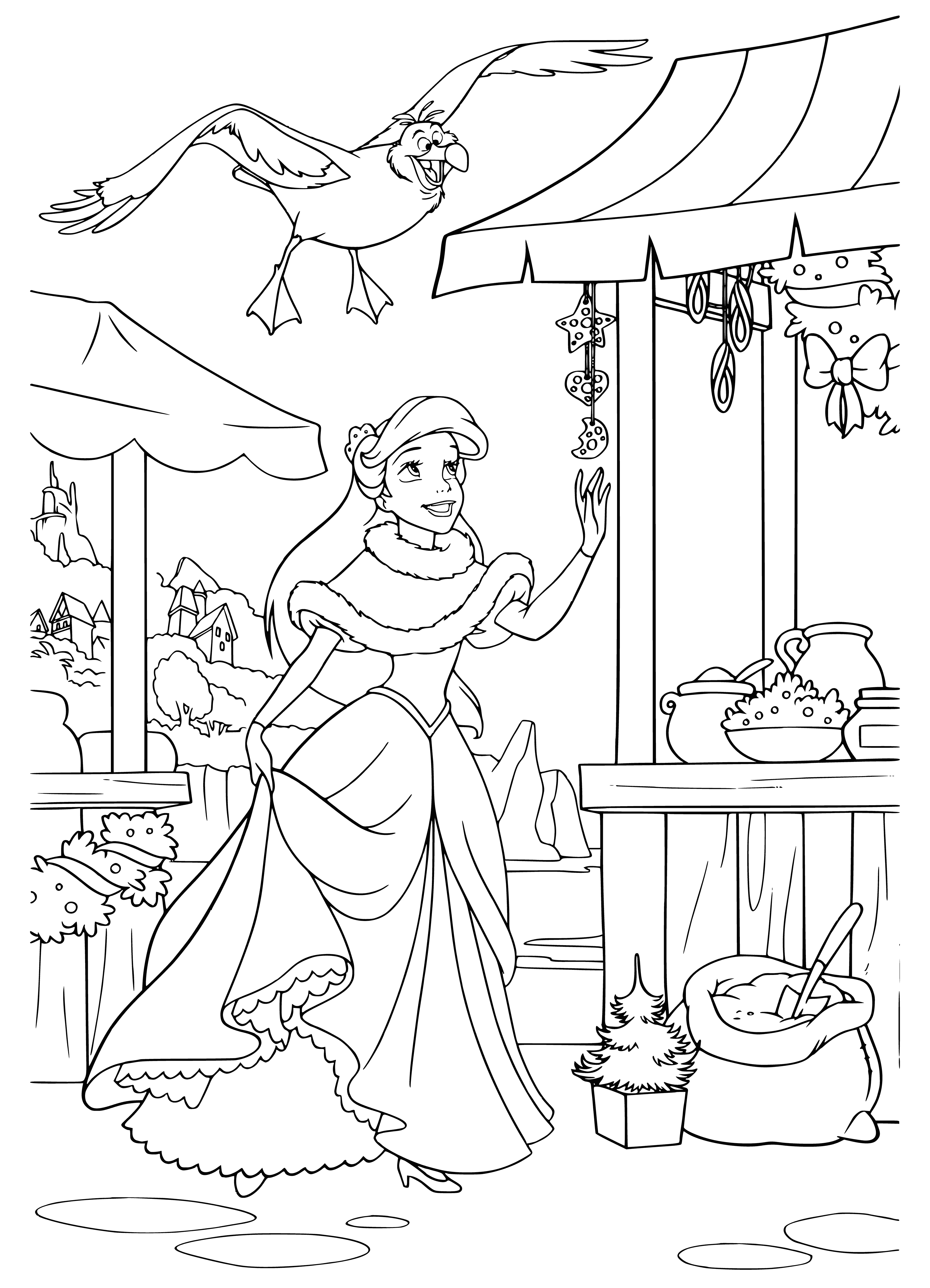 coloring page: Mermaid celebrates new year surrounded by joyful sea friends while picking decorations. Looks like a lot of fun!