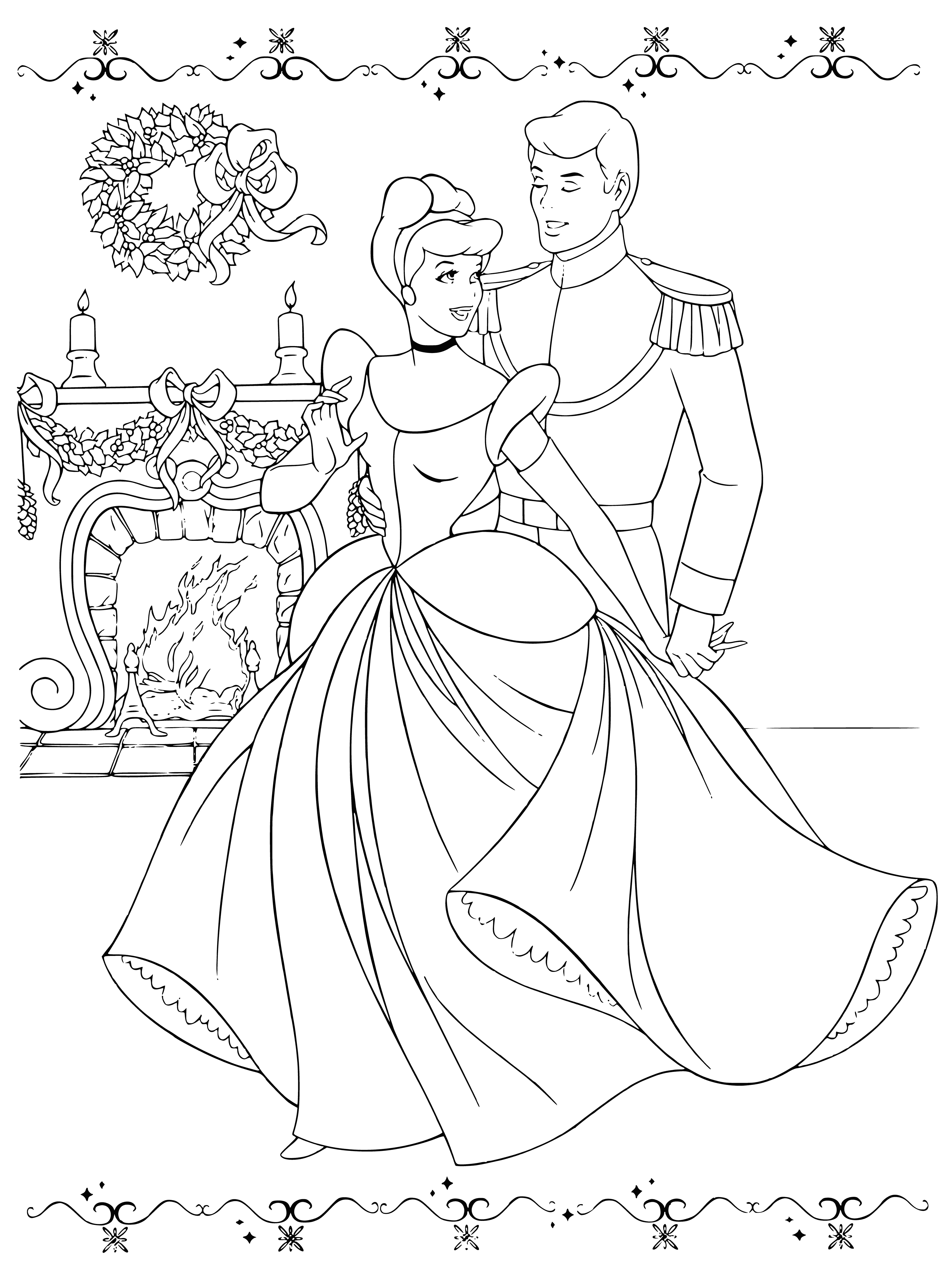 coloring page: Disney Princesses celebrate New Year's with masquerade ball - Cinderella & prince look happy with princesses in background enjoying festivities!