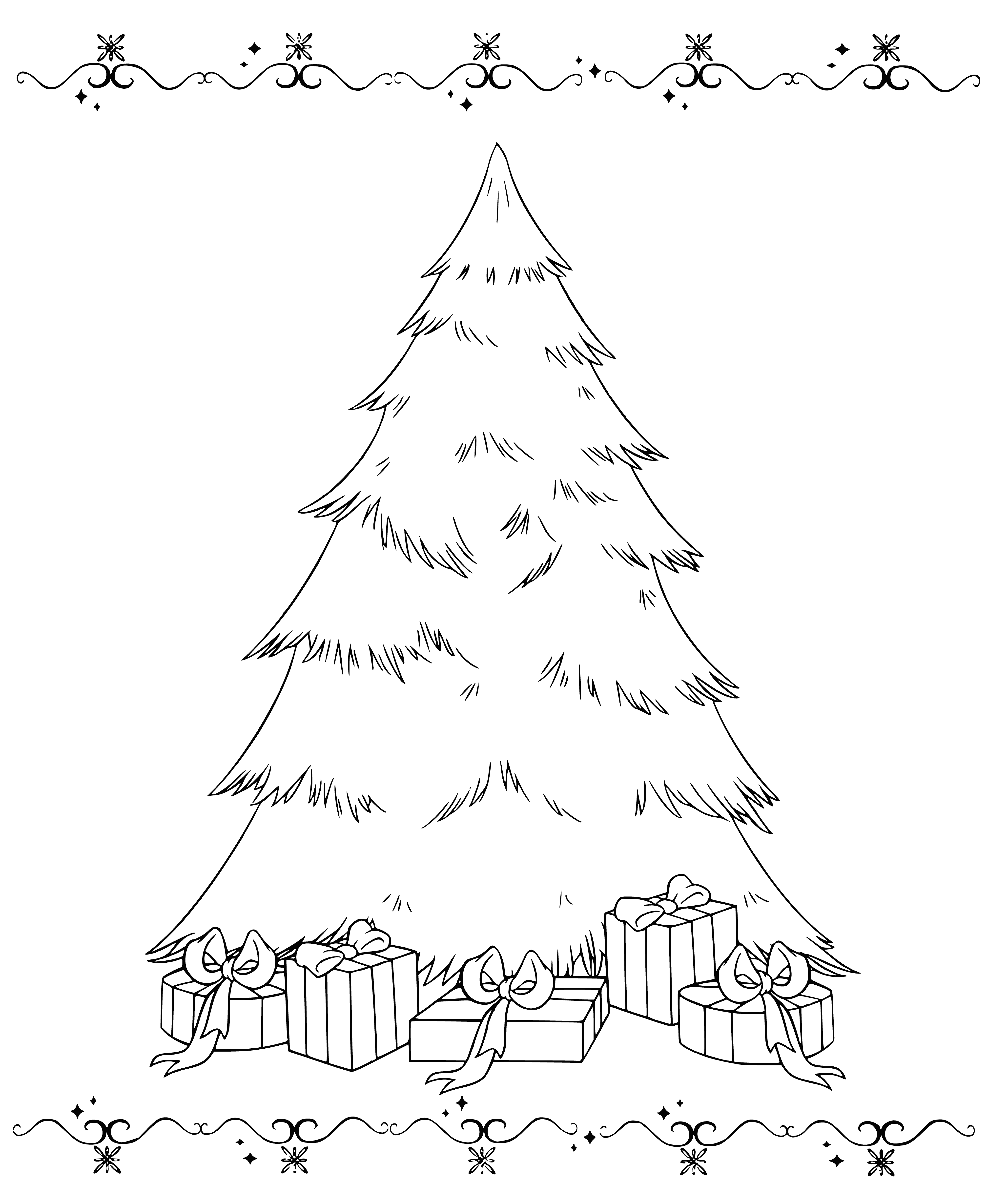 coloring page: Disney princesses celebrate New Year by decorating a Christmas tree. Each holds a decoration: Snow White a star, Ariel a shell, etc. They're having a lot of fun!