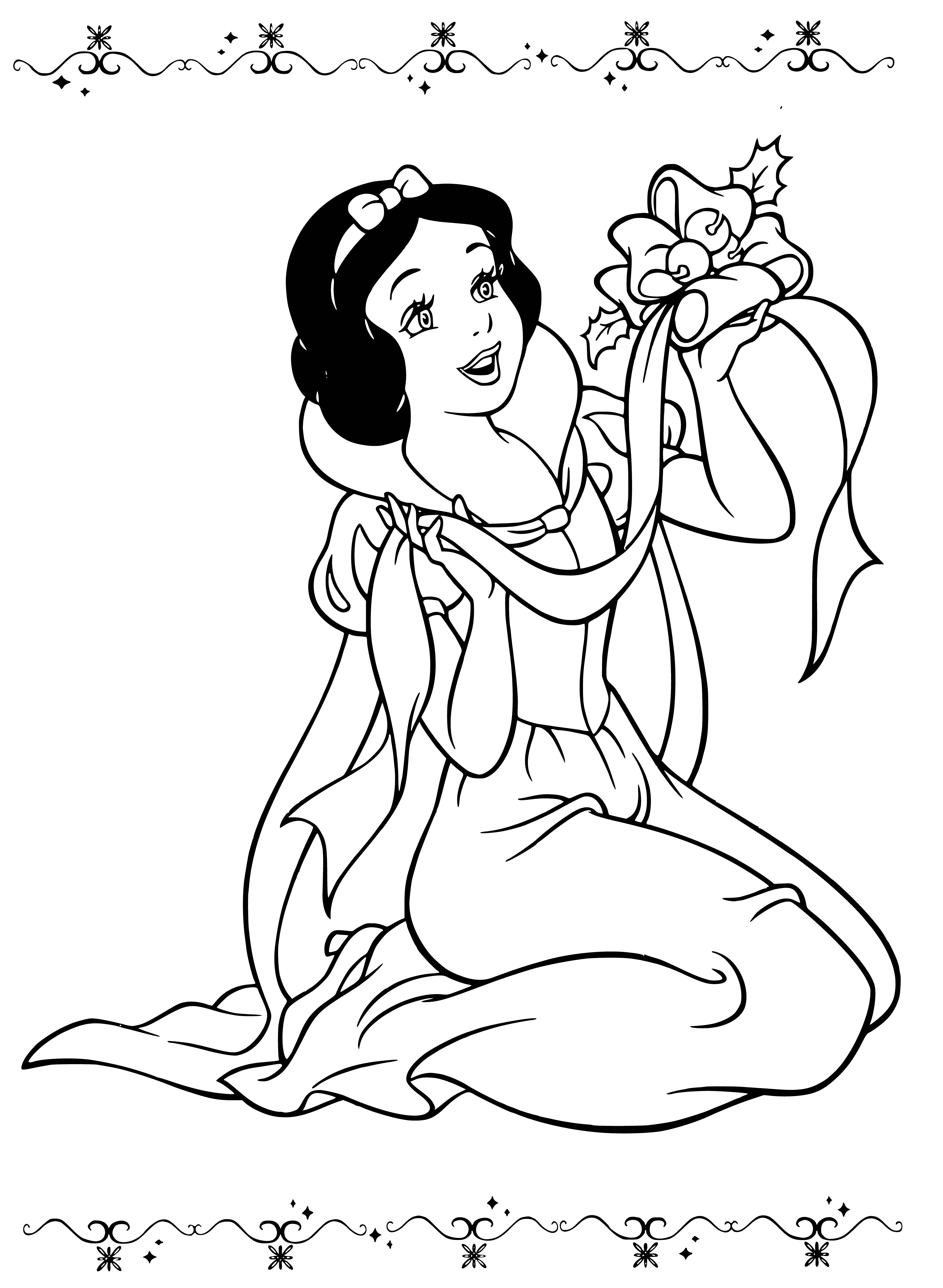 coloring page: Disney princesses ringing in the New Year: Snow White admiring tree, Cinderella w/champagne, Ariel w/sign & Belle w/baguette!