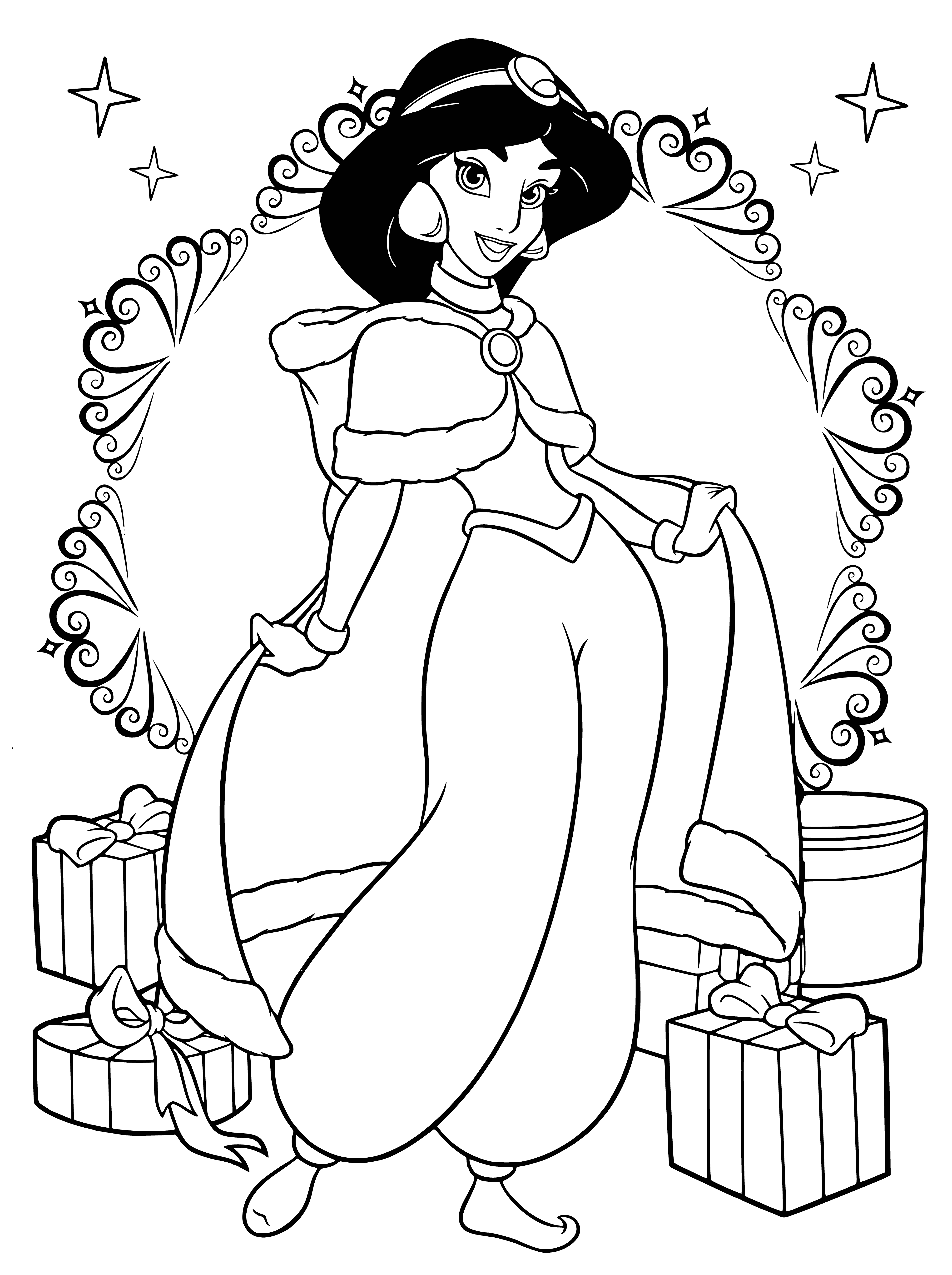 coloring page: Disney princesses, Jasmine and presents under the tree; she grins, holding a gift and card, toasting the New Year!