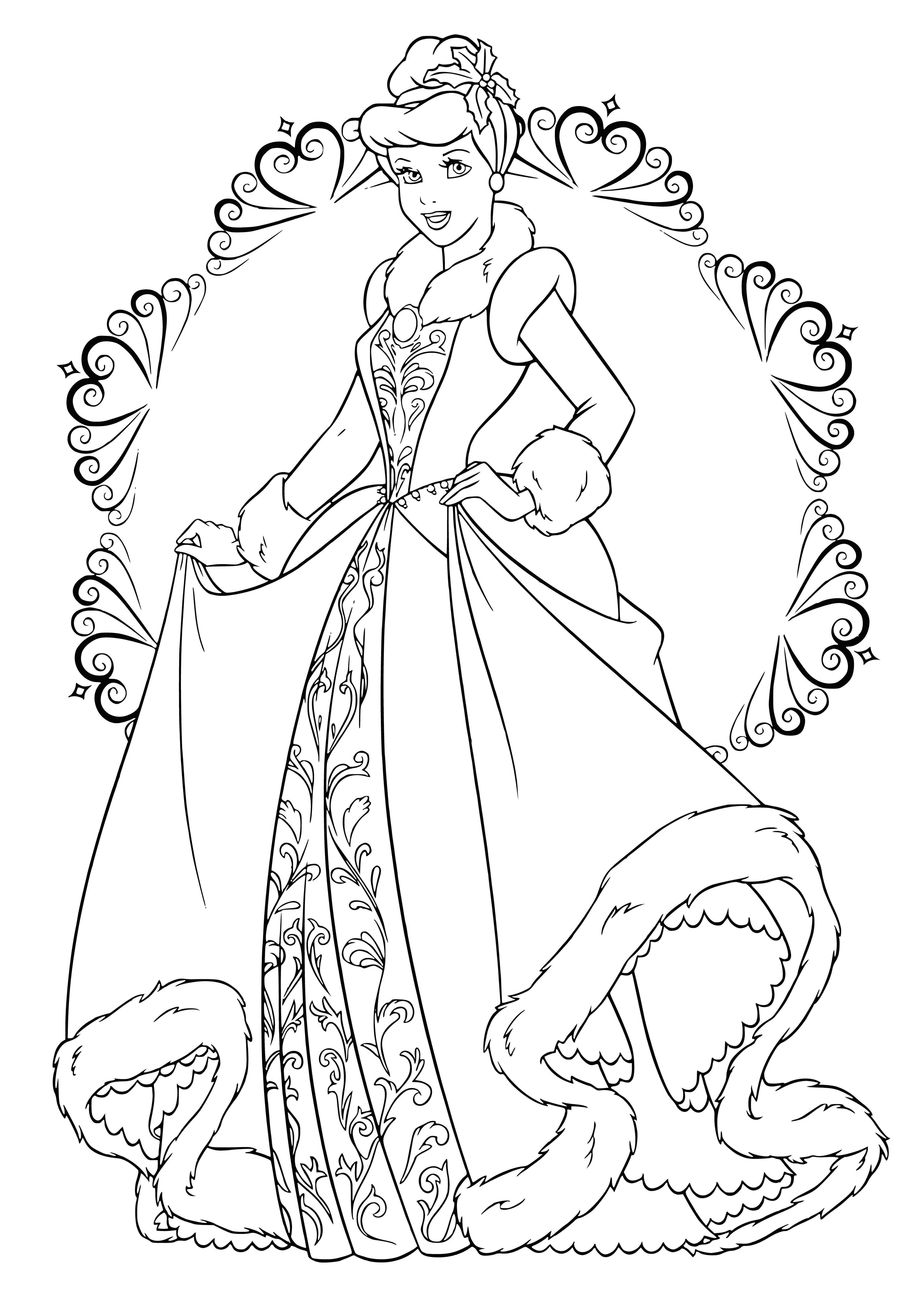coloring page: Disney princesses gather to celebrate New Year. Cinderella in winter outfit, blue dress, white fur cape, champagne in hand, smiling.