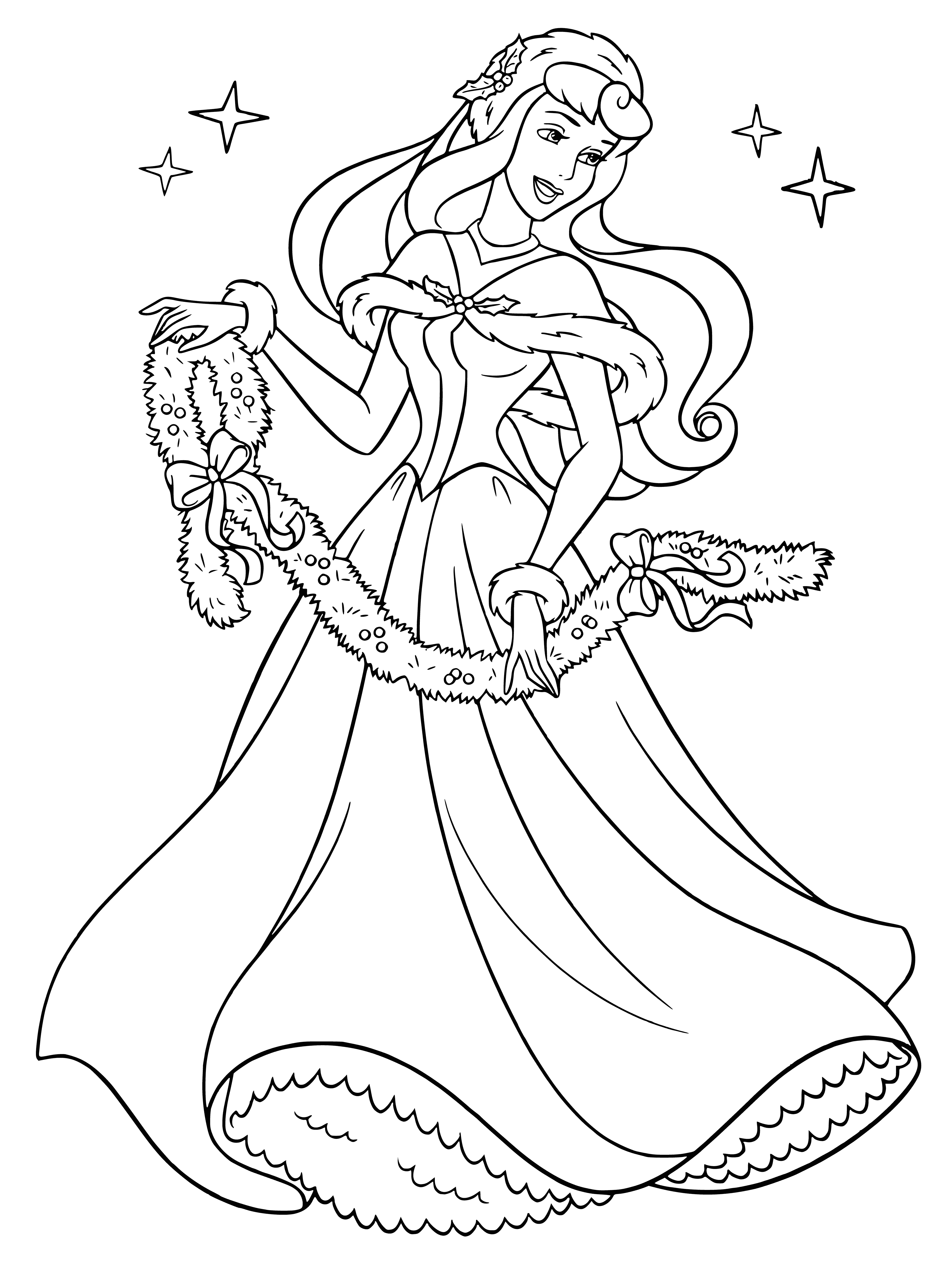 coloring page: Disney princesses celebrating New Year: Aurora in winter outfit, snow outside window. Princesses wearing hats & Aurora holds glass of champagne, smiling.
