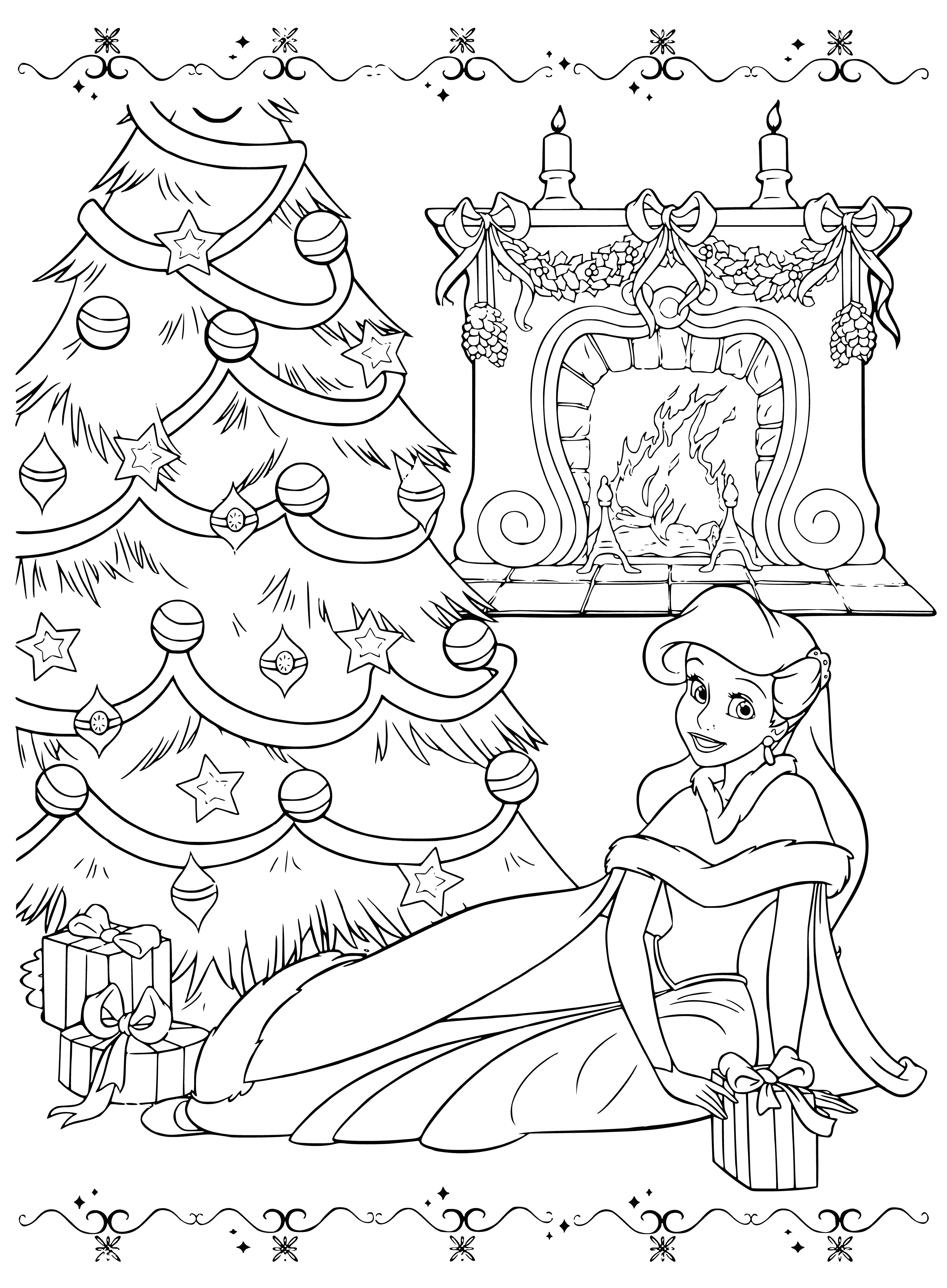 coloring page: Ariel stands before a grand Xmas tree, outstretched arms, head tilted back, admiring the lights in her purple & gold gown. #ChristmasCheer