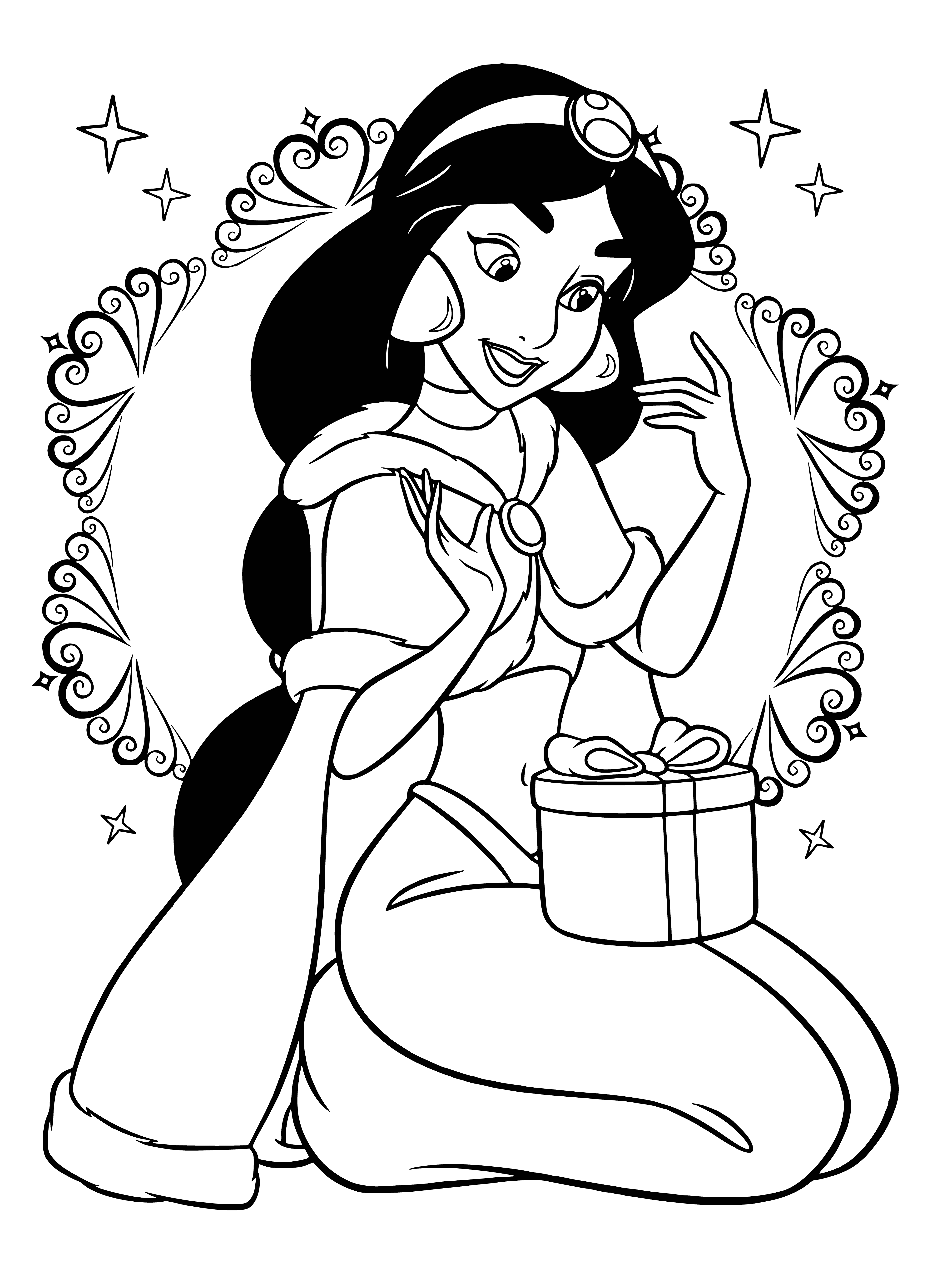 coloring page: Disney princesses are celebrating New Year, Jasmine has a gift & everyone is smiling.