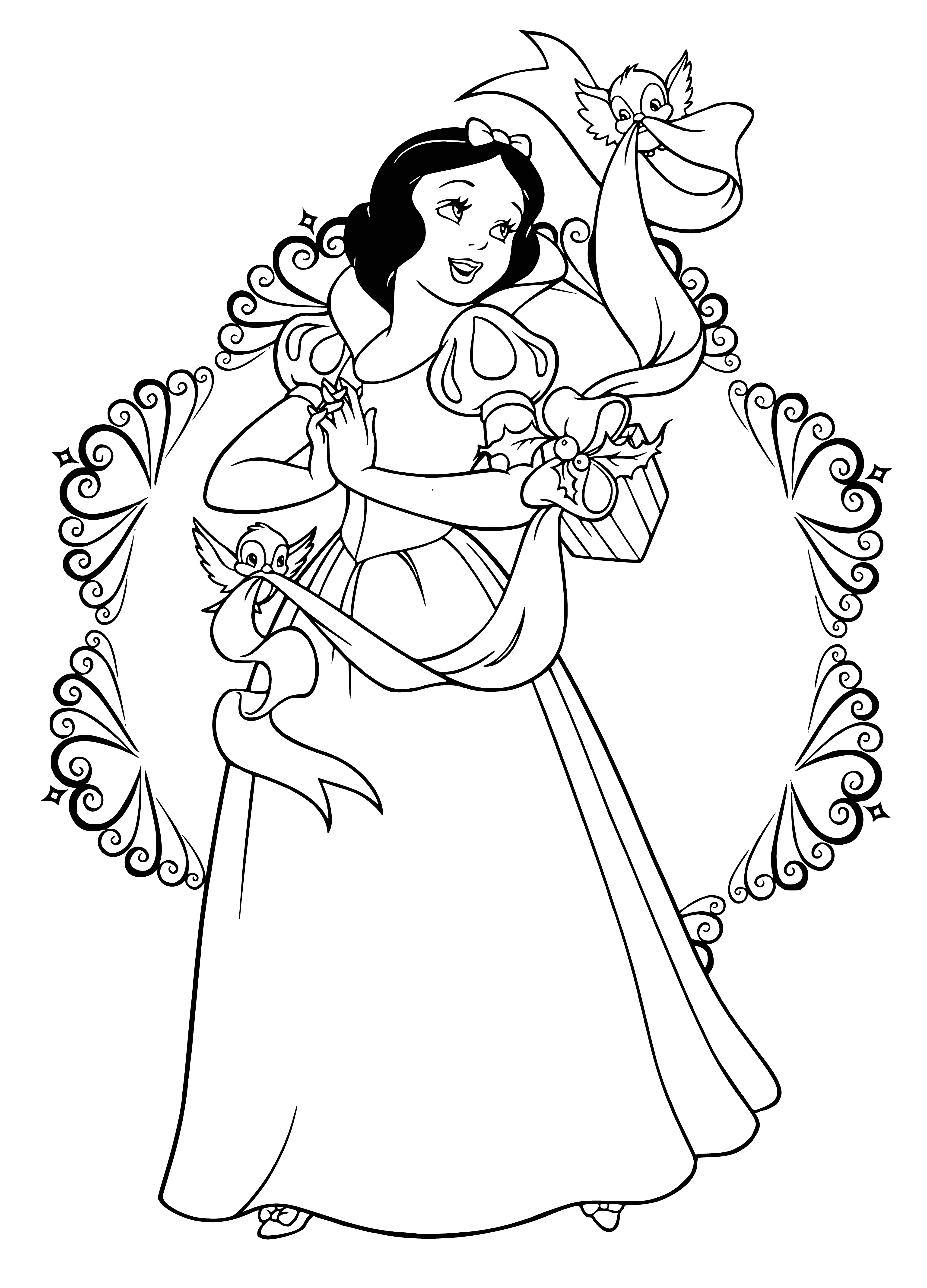 coloring page: The seven Disney princesses gather for New Year's Eve and Snow White has a surprise: a present and Happy New Year card! They seem to be having a wonderful time. #DisneyPrincesses
