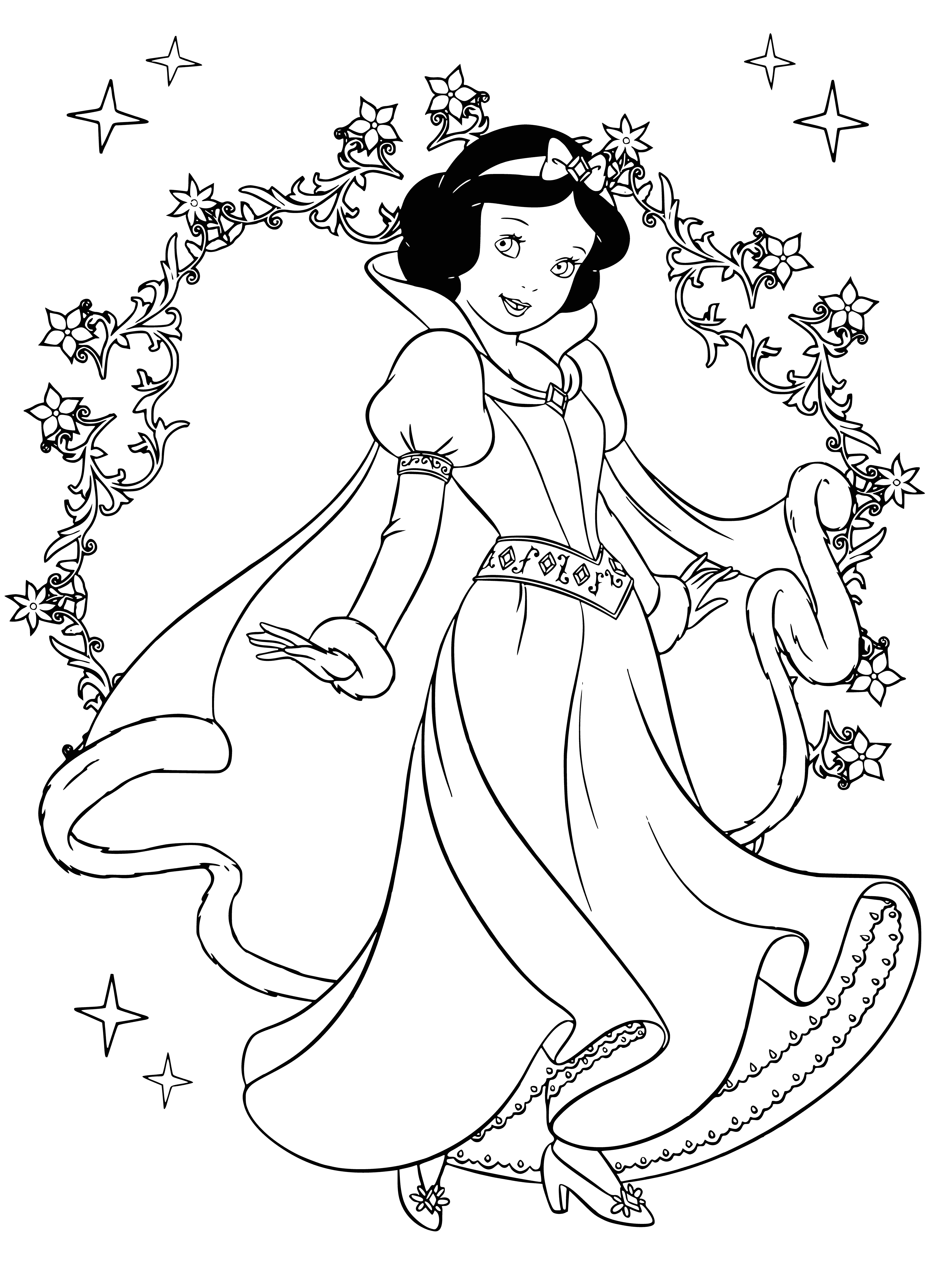 coloring page: Disney princesses Snow White, Cinderella & Sleeping Beauty smile while holding hands & blowing out candles on a large cake.