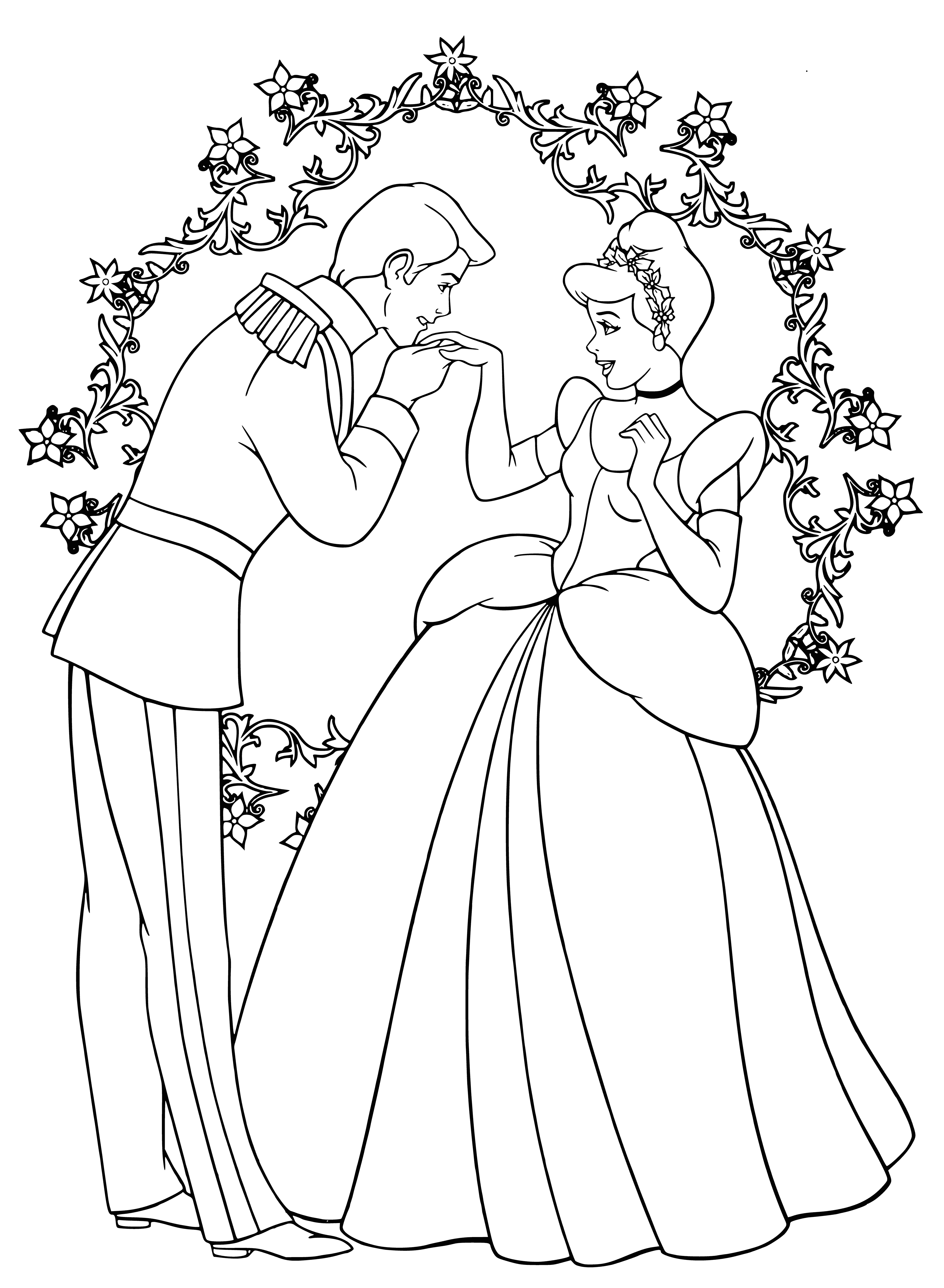 coloring page: Disney princesses welcome New Year with Cinderella and prince in romantic embrace, surrounded by colorful streamers and confetti.