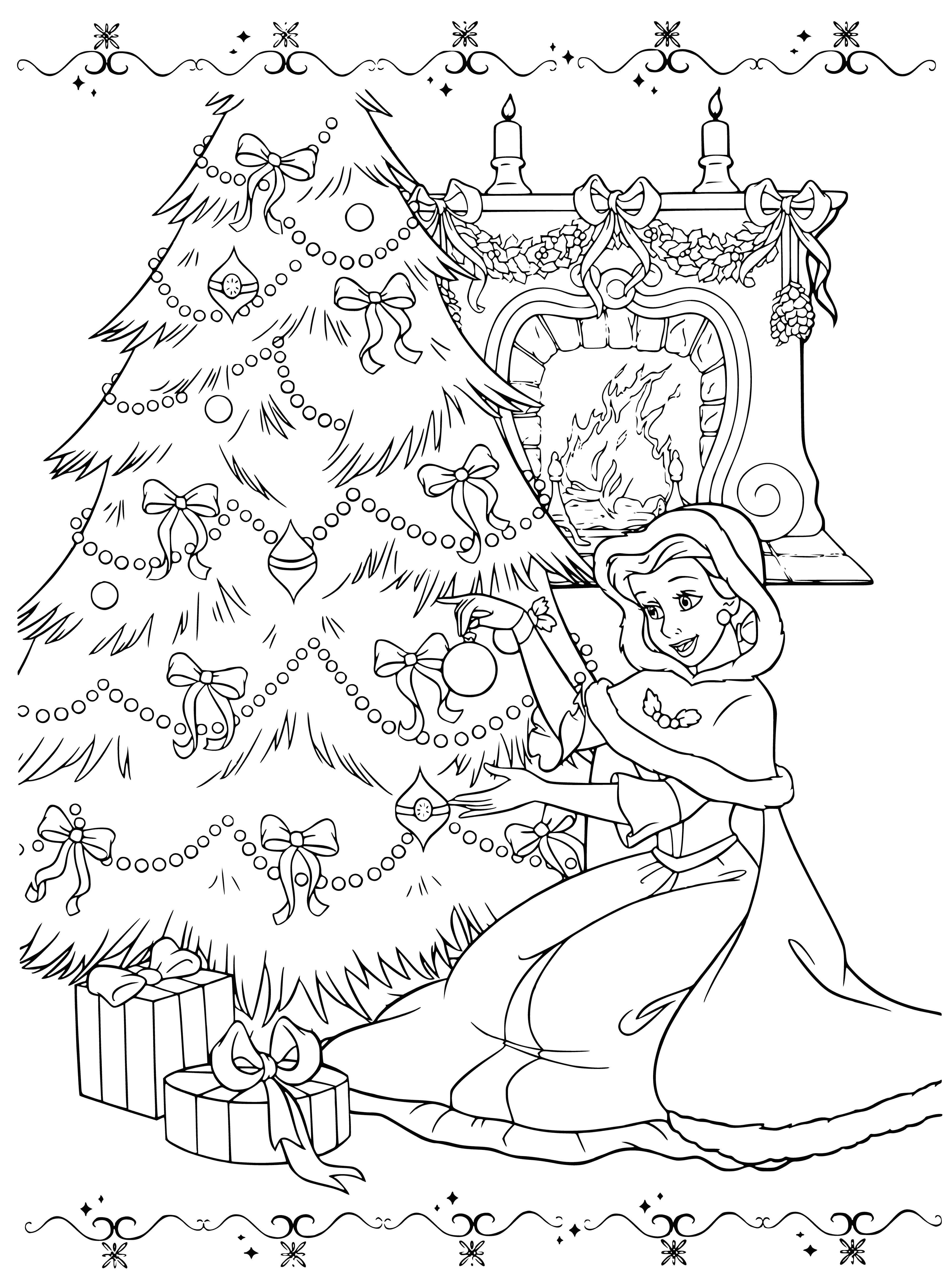 coloring page: Belle decorates the Christmas tree with a star, surrounded by presents and a fireplace in the background.