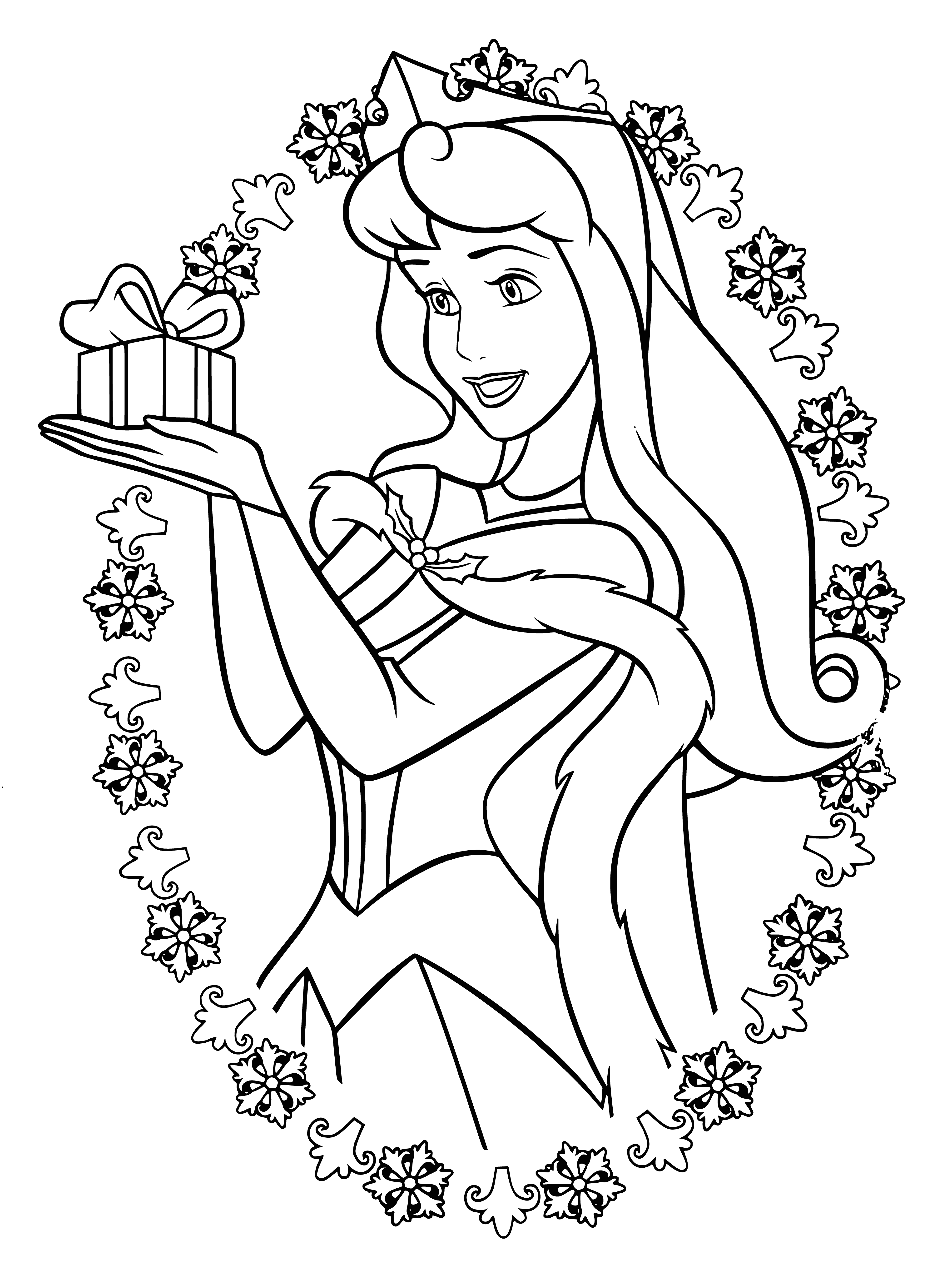 Princess Aurora with New Year's gift coloring page